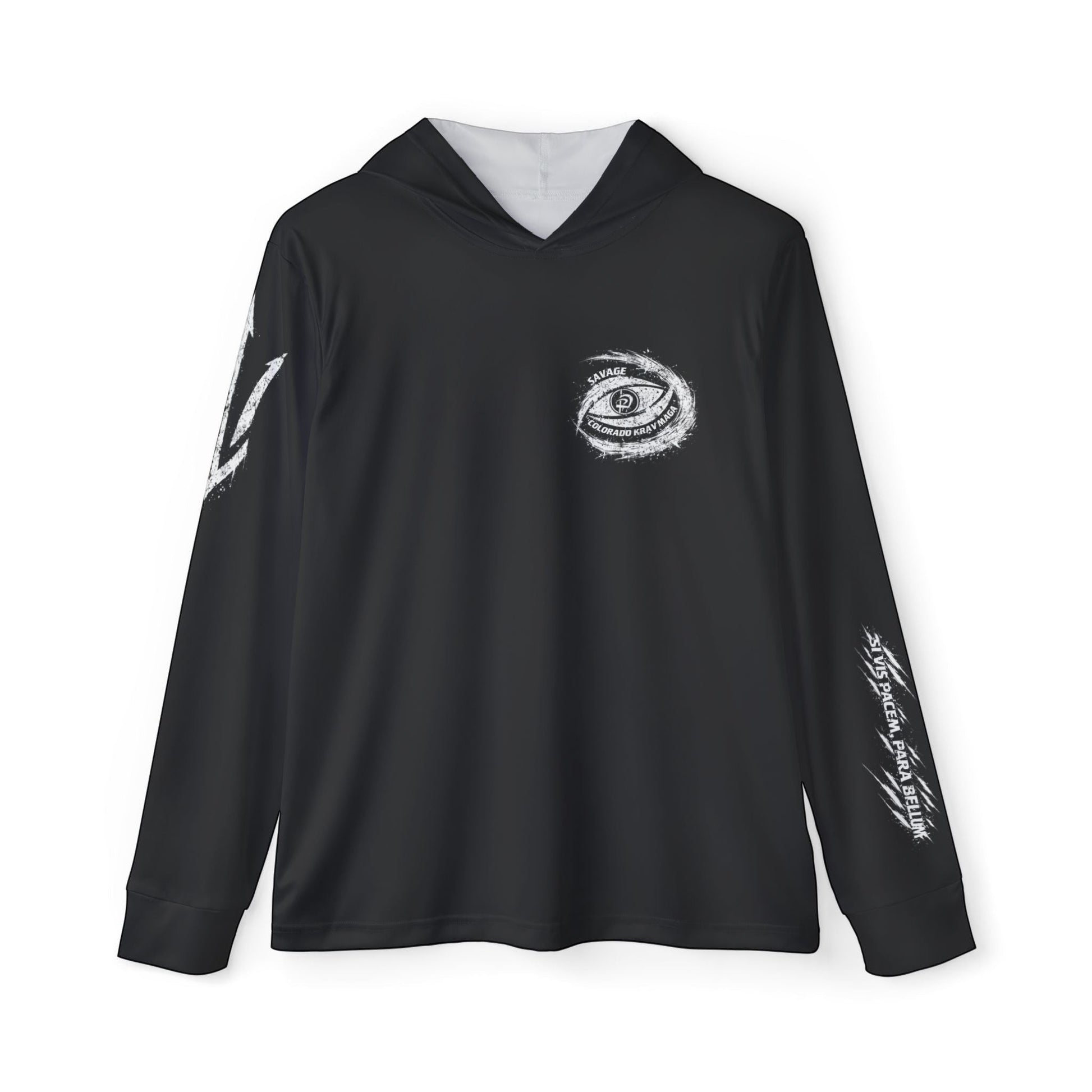 Immortal Krav Maga black long-sleeve hooded shirt with UV protection and "Si vis pacem, para bellum" text on sleeve.