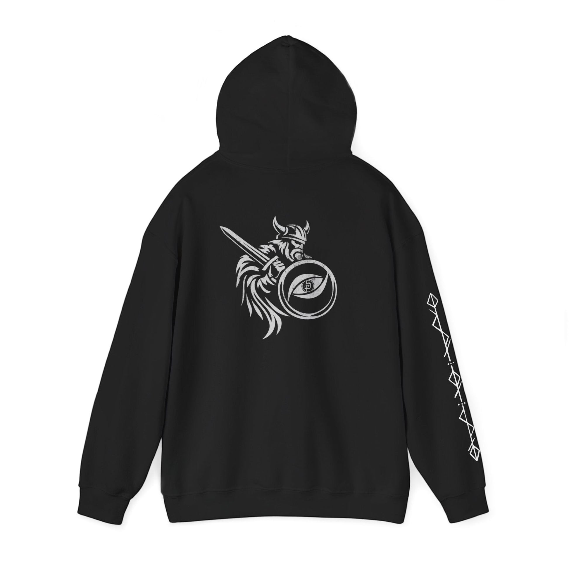 Immortal Krav Maga black 50/50 cotton-poly blend hoodie with Norse warrior graphic on back and geometric print on sleeve.