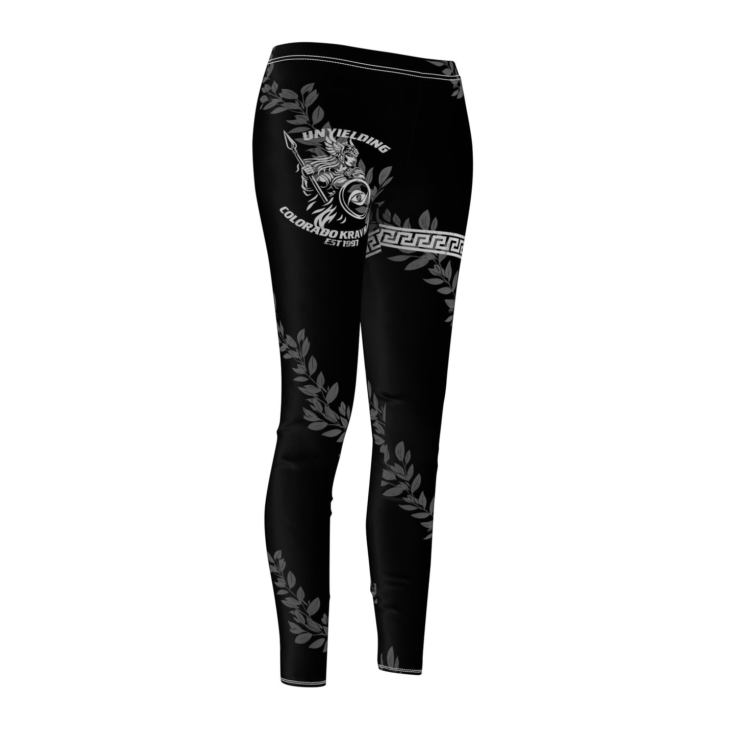 Immortal Krav Maga black polyester-spandex leggings with a warrior graphic and laurel leaf print. Short waist.