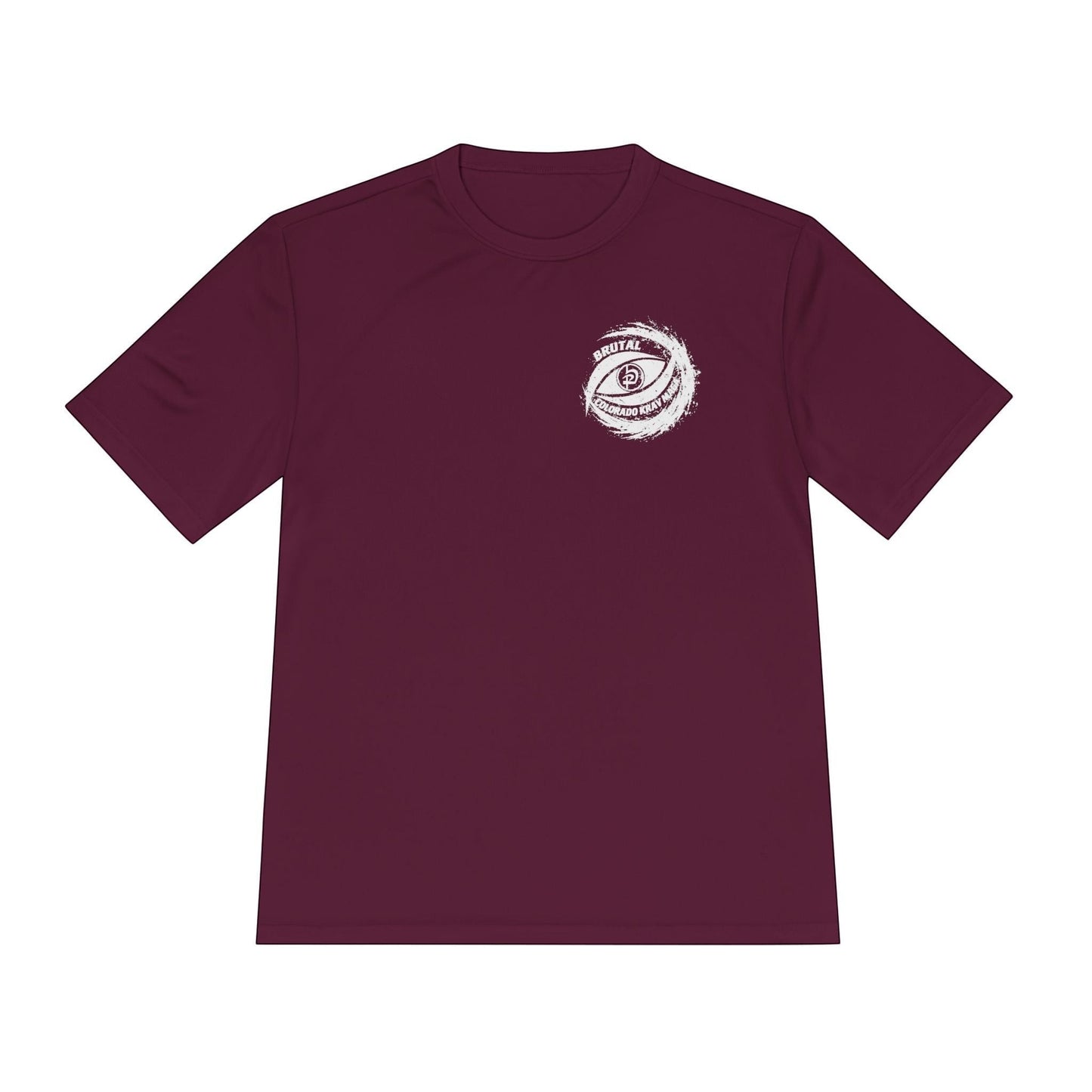 Immortal Krav Maga maroon 100% polyester sweat-wicking t-shirt with Brutal Colorado Krav Maga graphic