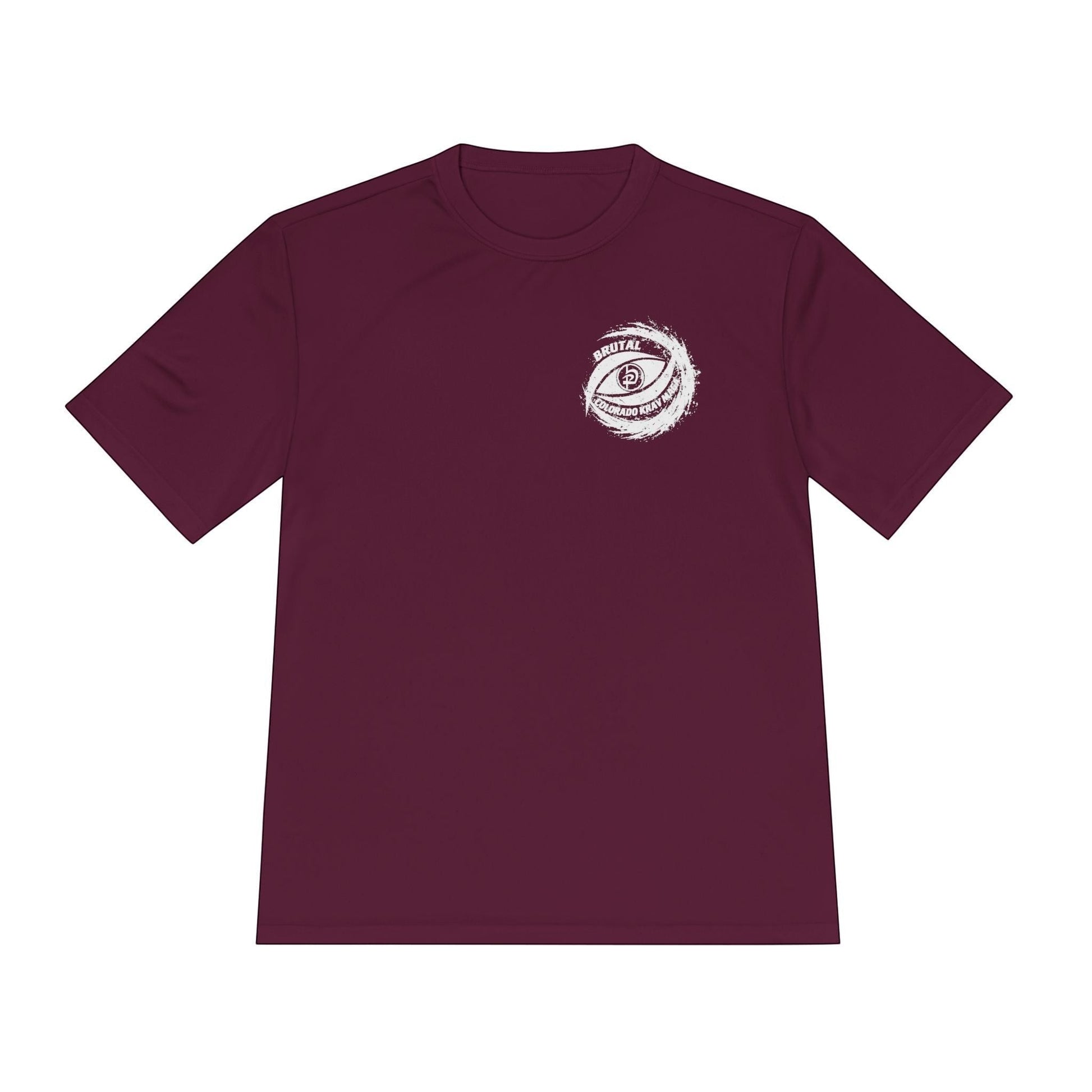 Immortal Krav Maga maroon 100% polyester sweat-wicking t-shirt with Brutal Colorado Krav Maga graphic