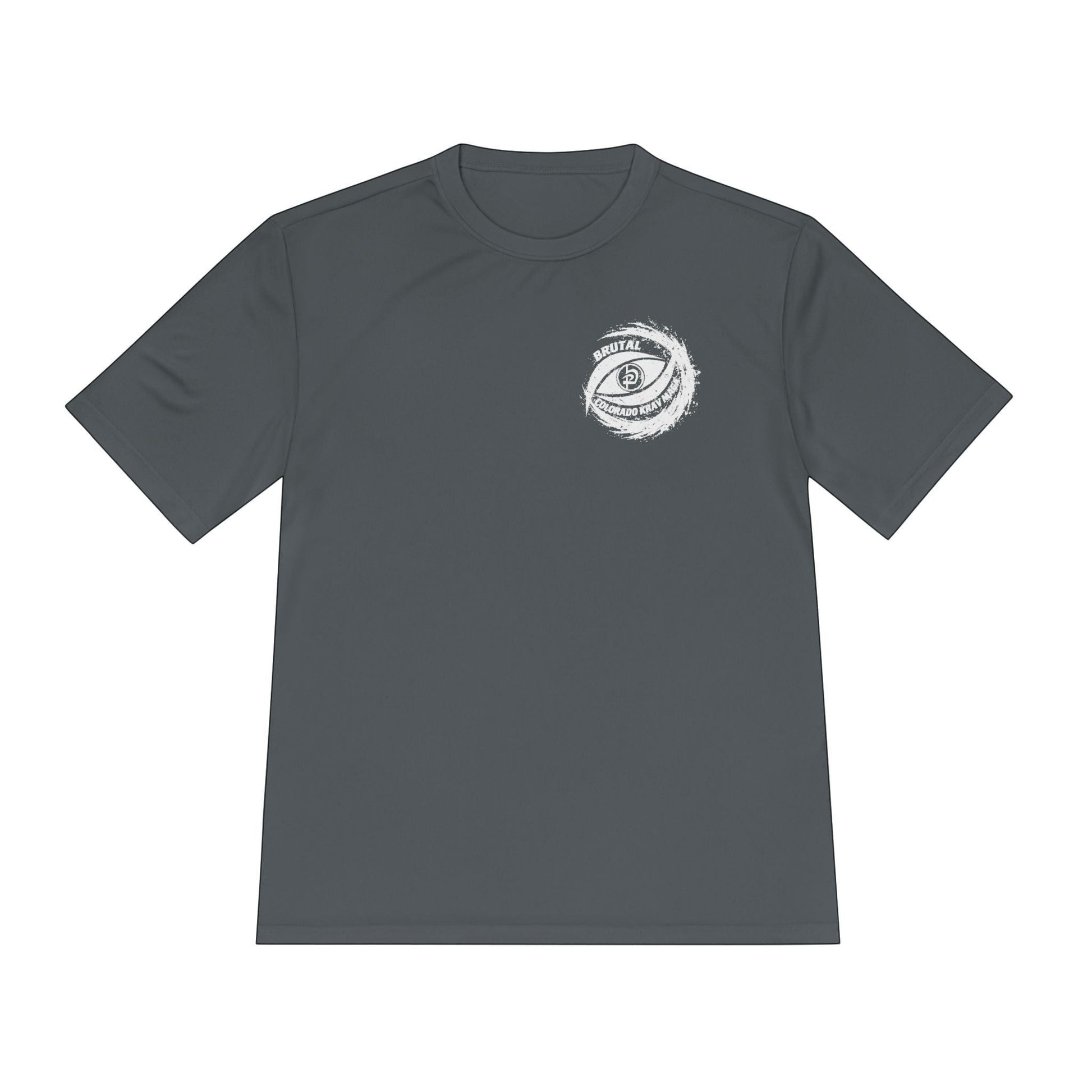 Immortal Krav Maga Brutal Sweat Wick Tee in dark grey, 100% polyester, moisture-wicking fabric with faded graphic print.