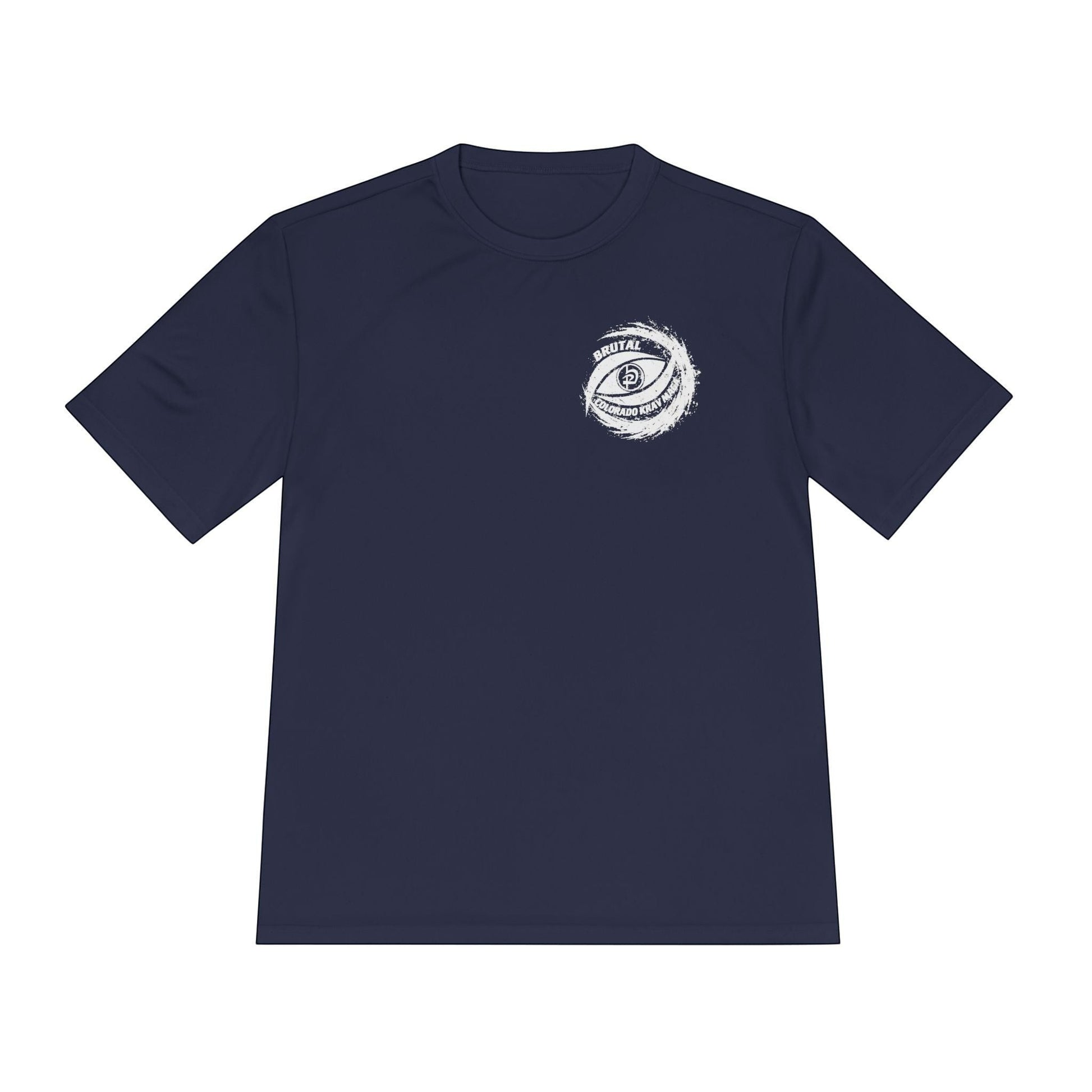 Immortal Krav Maga navy blue 100% polyester sweat-wicking t-shirt with a faded white graphic logo on the chest.