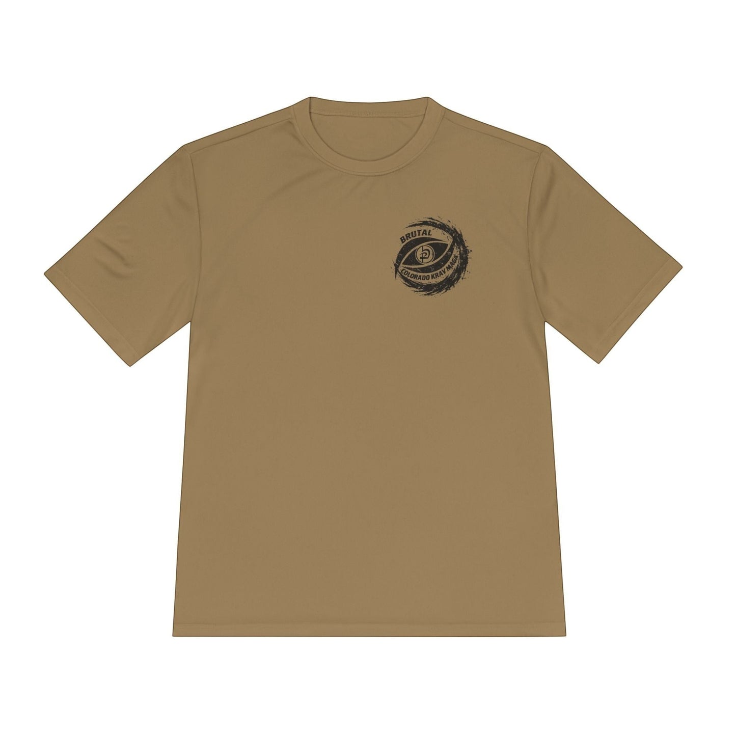 Immortal Krav Maga tan 100% polyester short-sleeve athletic t-shirt with faded black Brutal Colorado Krav Maga logo on chest.