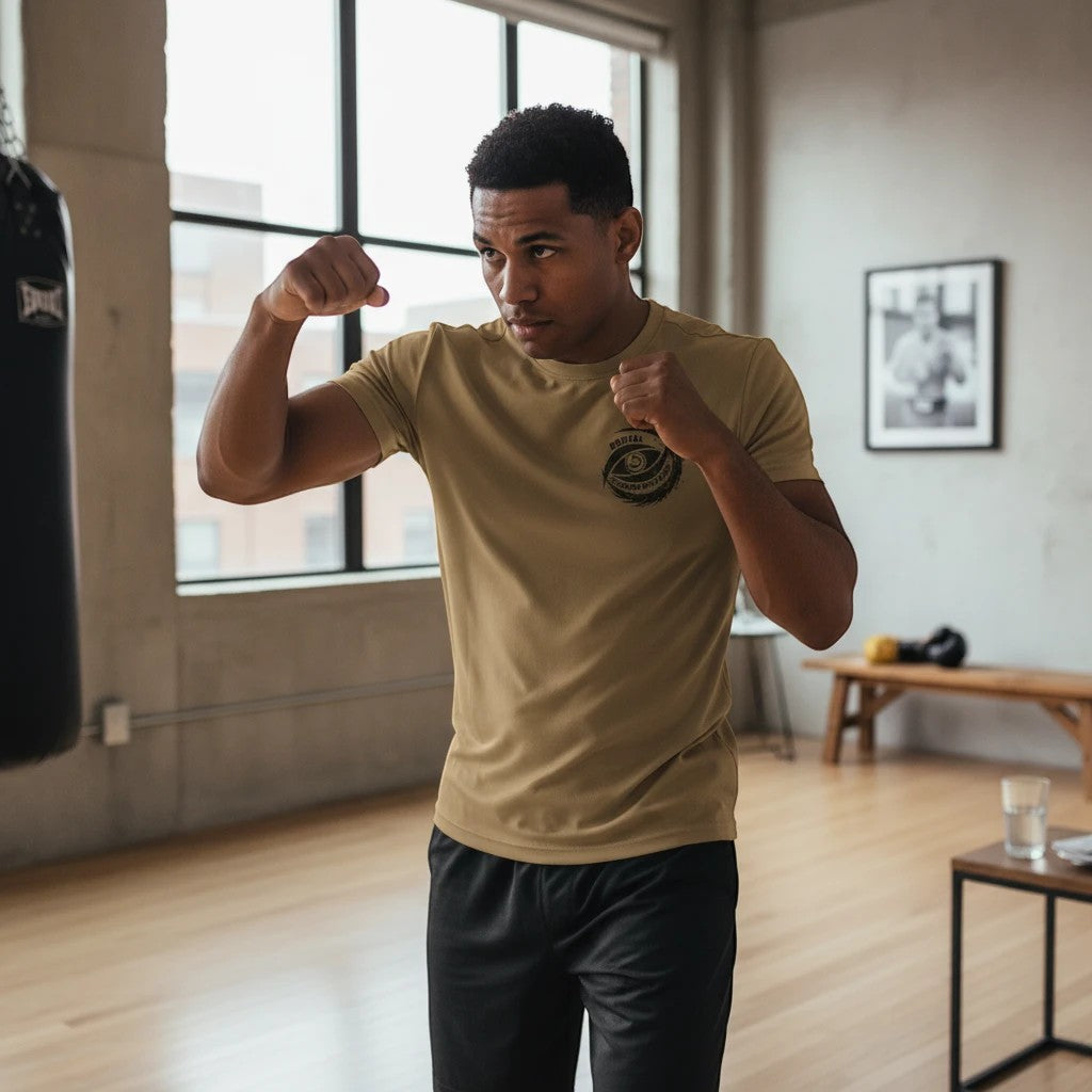 Immortal Krav Maga tan 100% polyester Brutal Sweat wick Tee with graphic print, worn by a man training.