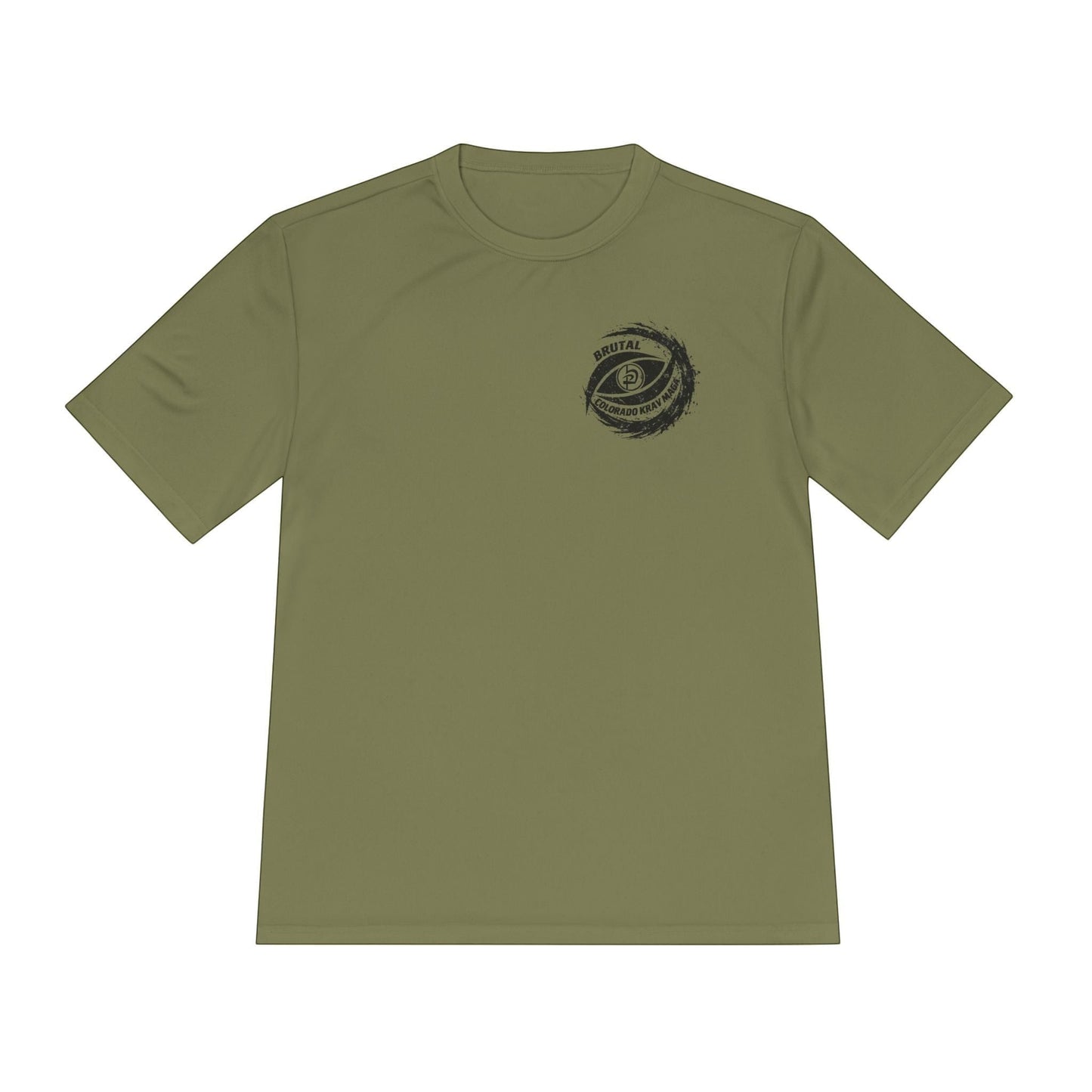 Immortal Krav Maga Brutal Sweat wick Tee in olive green, 100% polyester, moisture-wicking fabric with faded graphic print.
