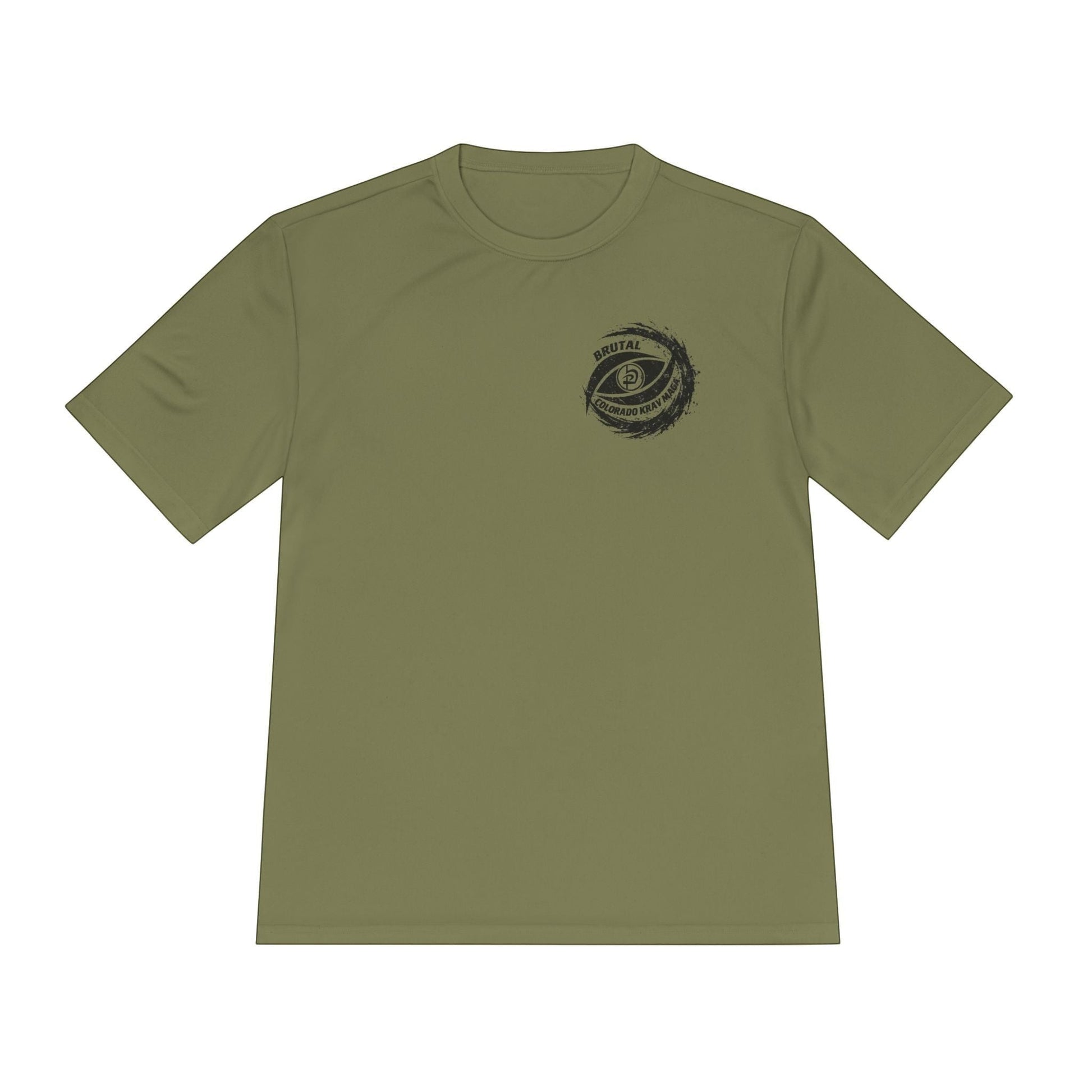 Immortal Krav Maga Brutal Sweat wick Tee in olive green, 100% polyester, moisture-wicking fabric with faded graphic print.