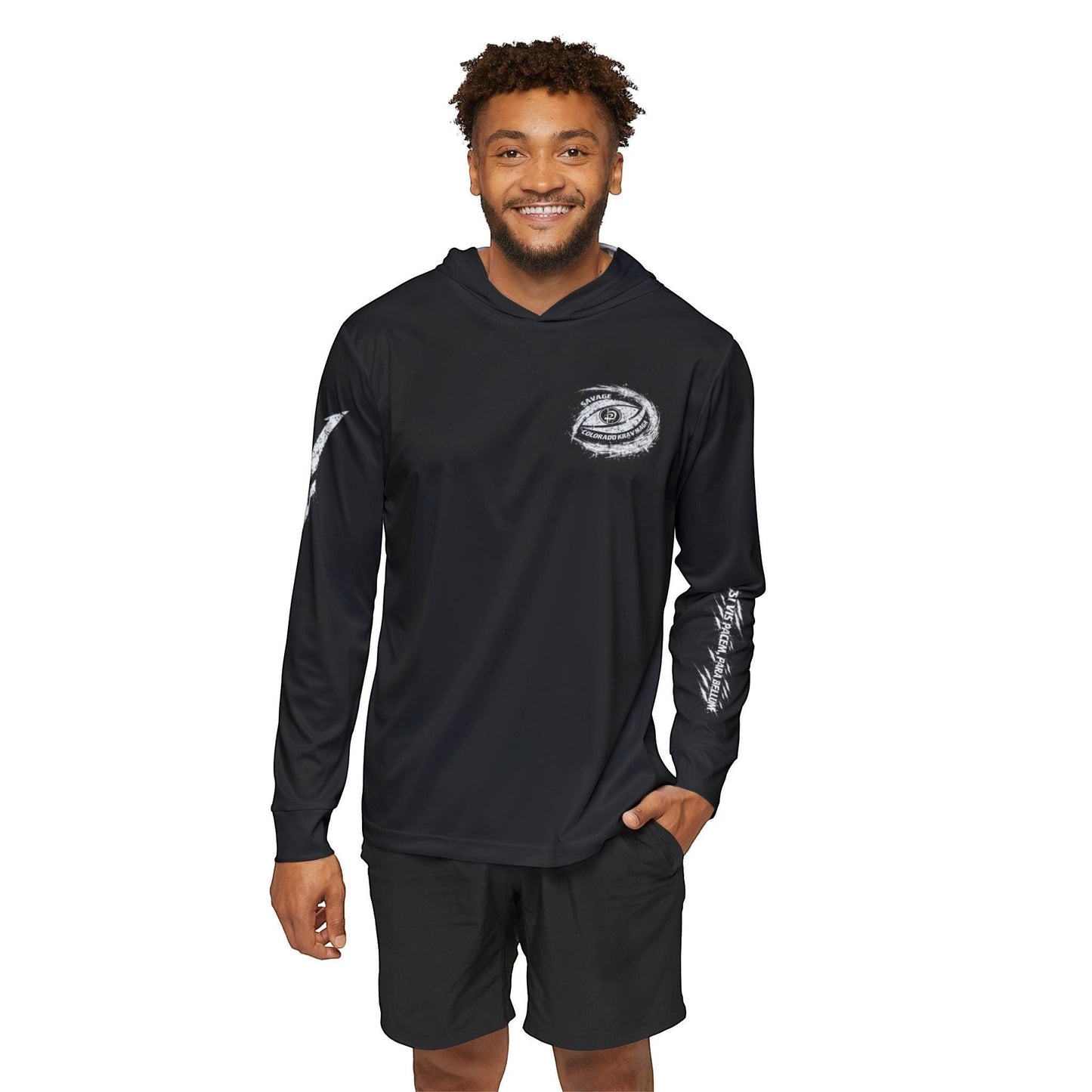 Immortal Krav Maga black long-sleeve hooded polyester shirt with graphic print on chest and sleeve, UPF 50 sun protection.