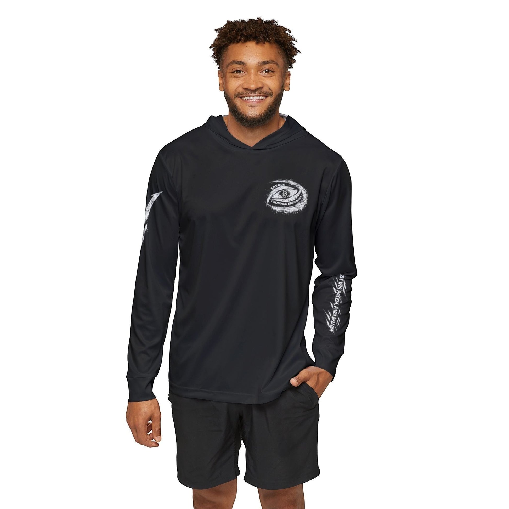 Immortal Krav Maga black long-sleeve hooded polyester shirt with graphic print on chest and sleeve, UPF 50 sun protection.