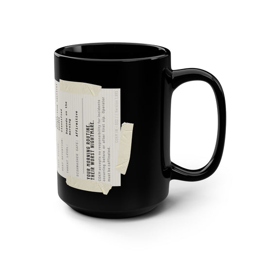 Immortal Krav Maga black ceramic 12oz mug with a humorous tactical label about morning routines.