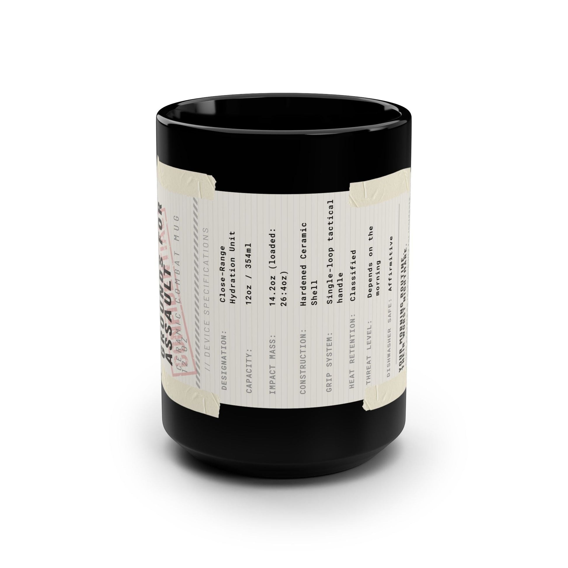 Immortal Krav Maga black ceramic 12oz combat mug with tactical specifications label and C-shaped handle.
