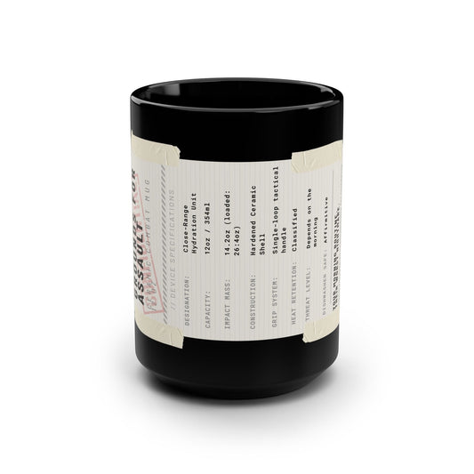 Immortal Krav Maga black ceramic 12oz combat mug with tactical specifications label and C-shaped handle.