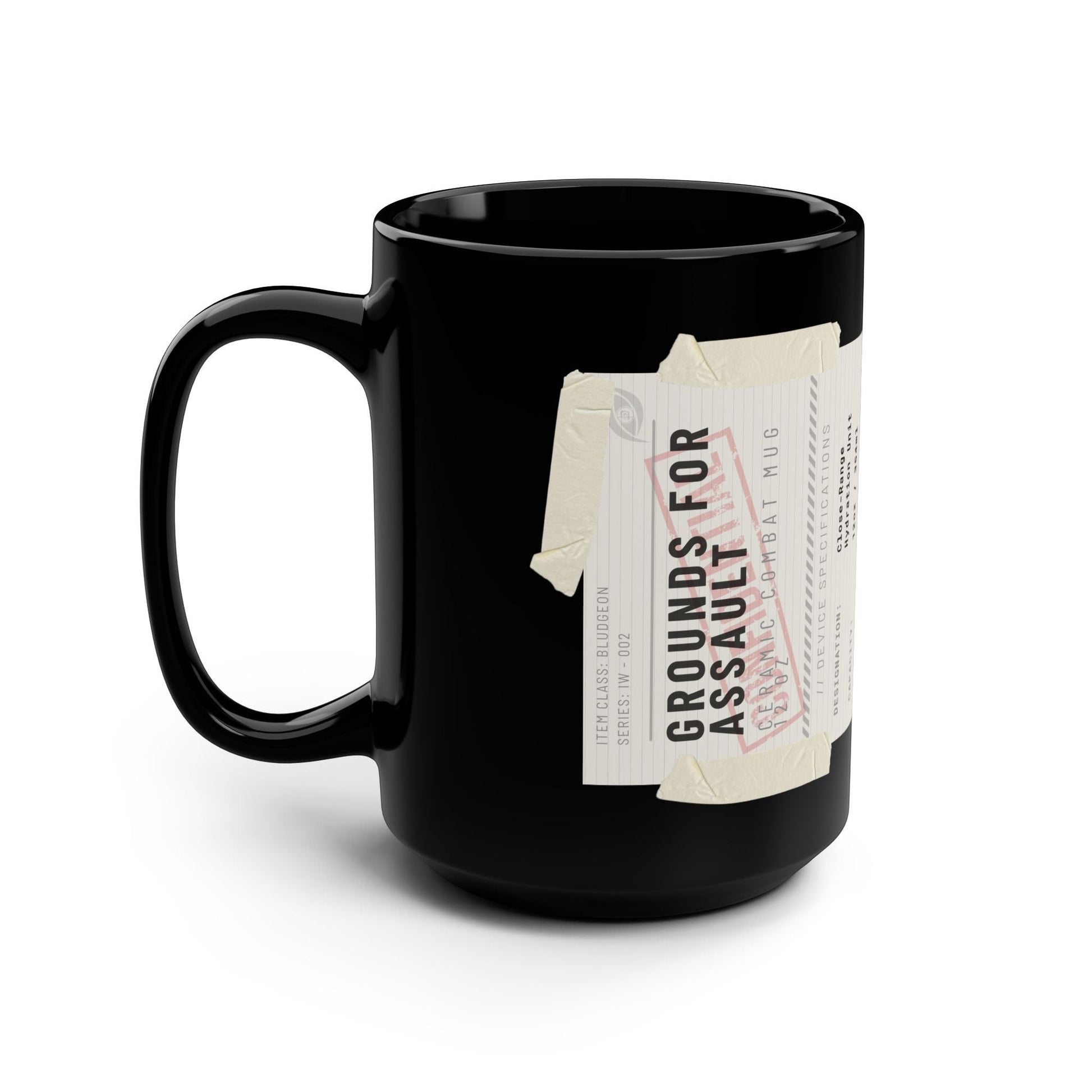 Immortal Krav Maga black ceramic 12oz combat mug with "Grounds for Assault" label and C-shaped handle.