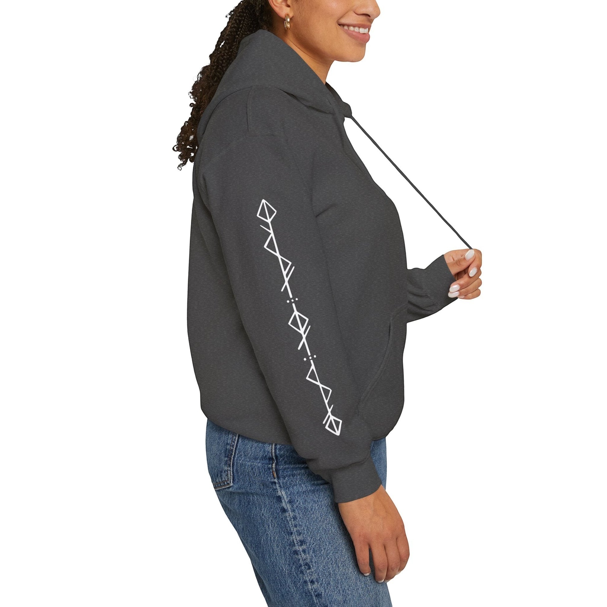 Immortal Krav Maga dark grey cotton-poly blend hoodie with white geometric rune design on sleeve.