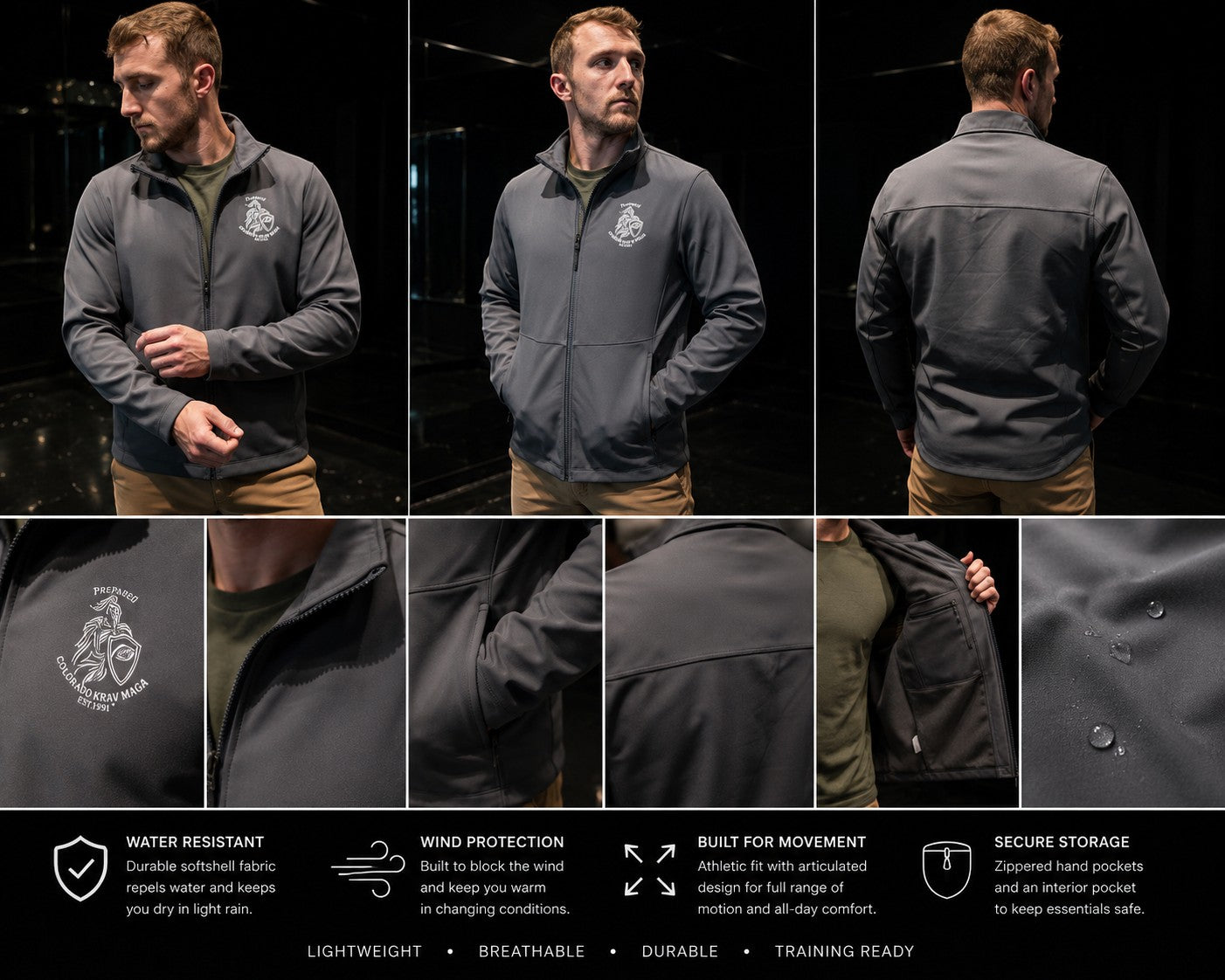 Immortal Krav Maga men's dark grey softshell jacket with embroidered logo, DWR finish, and zippered pockets.