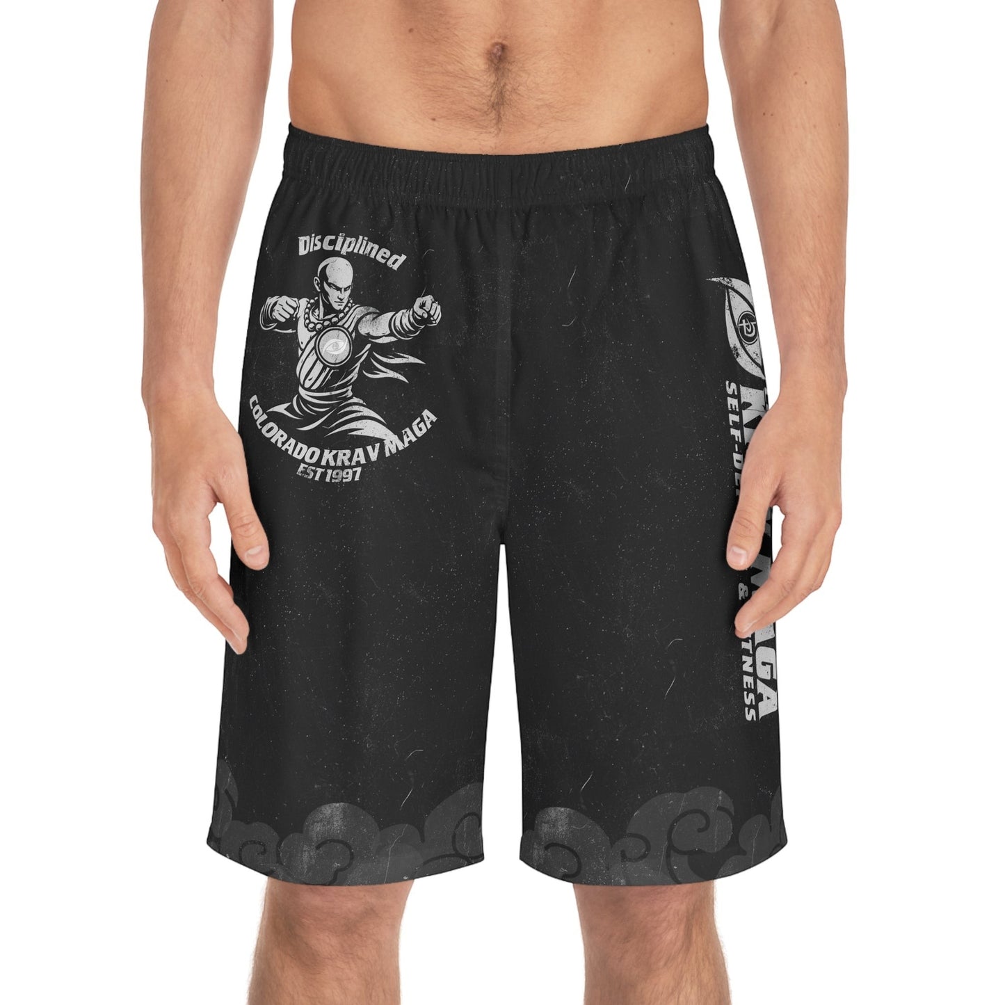 Immortal Krav Maga black polyester board shorts with graphic of a martial artist and "Disciplined" text.