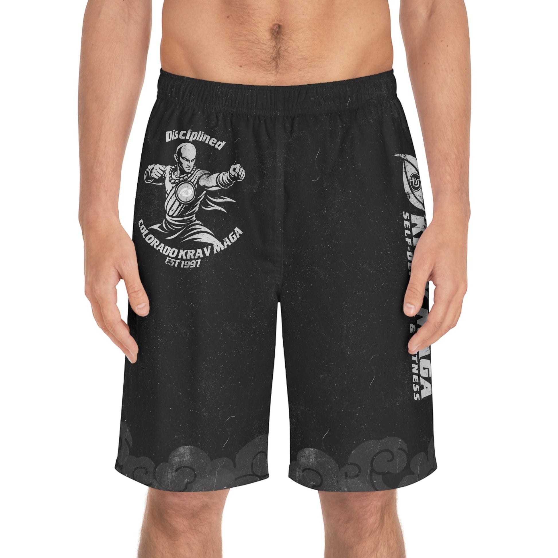 Immortal Krav Maga black polyester board shorts with graphic of a martial artist and "Disciplined" text.