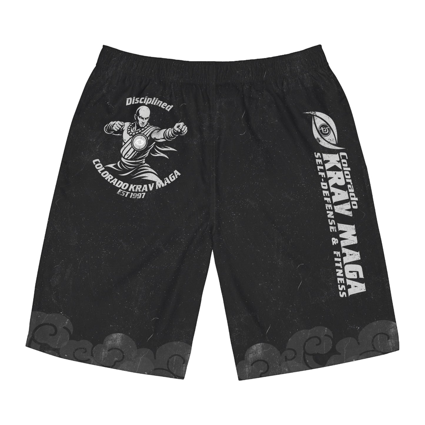Immortal Krav Maga black polyester board shorts with "Disciplined" graphic and "Colorado Krav Maga" logo.