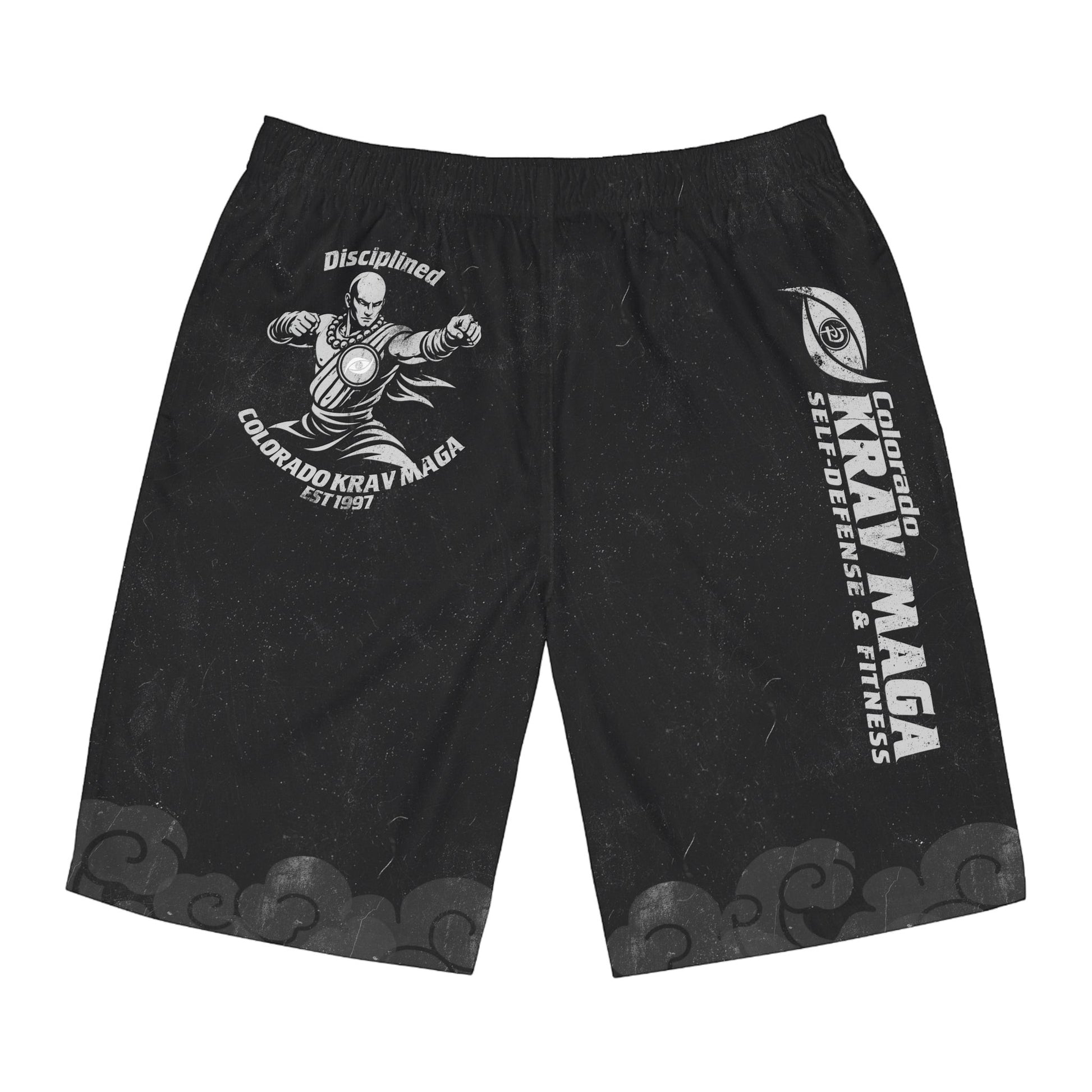Immortal Krav Maga black polyester board shorts with "Disciplined" graphic and "Colorado Krav Maga" logo.