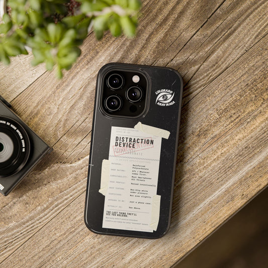 Immortal Krav Maga black polycarbonate phone case with "Distraction Device" label and tactical specs.