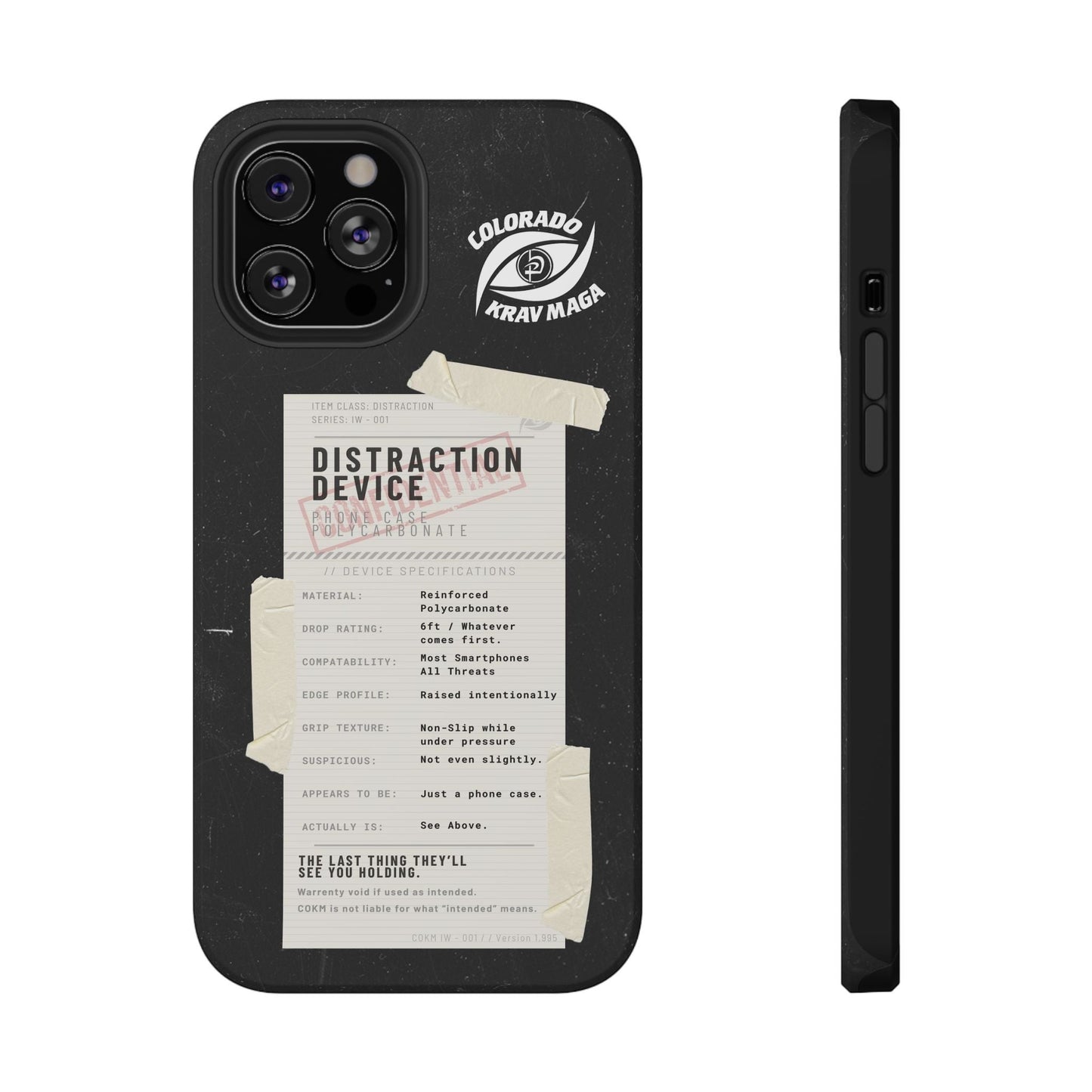 Immortal Krav Maga black reinforced polycarbonate phone case with "Distraction Device" label and Colorado Krav Maga logo.