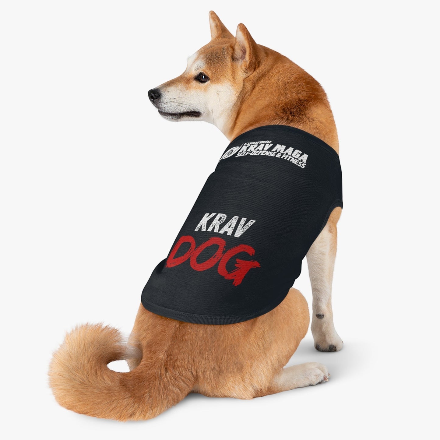 Immortal Krav Maga black dog t-shirt with "KRAV DOG" graphic and raccoon illustration. 100% cotton.