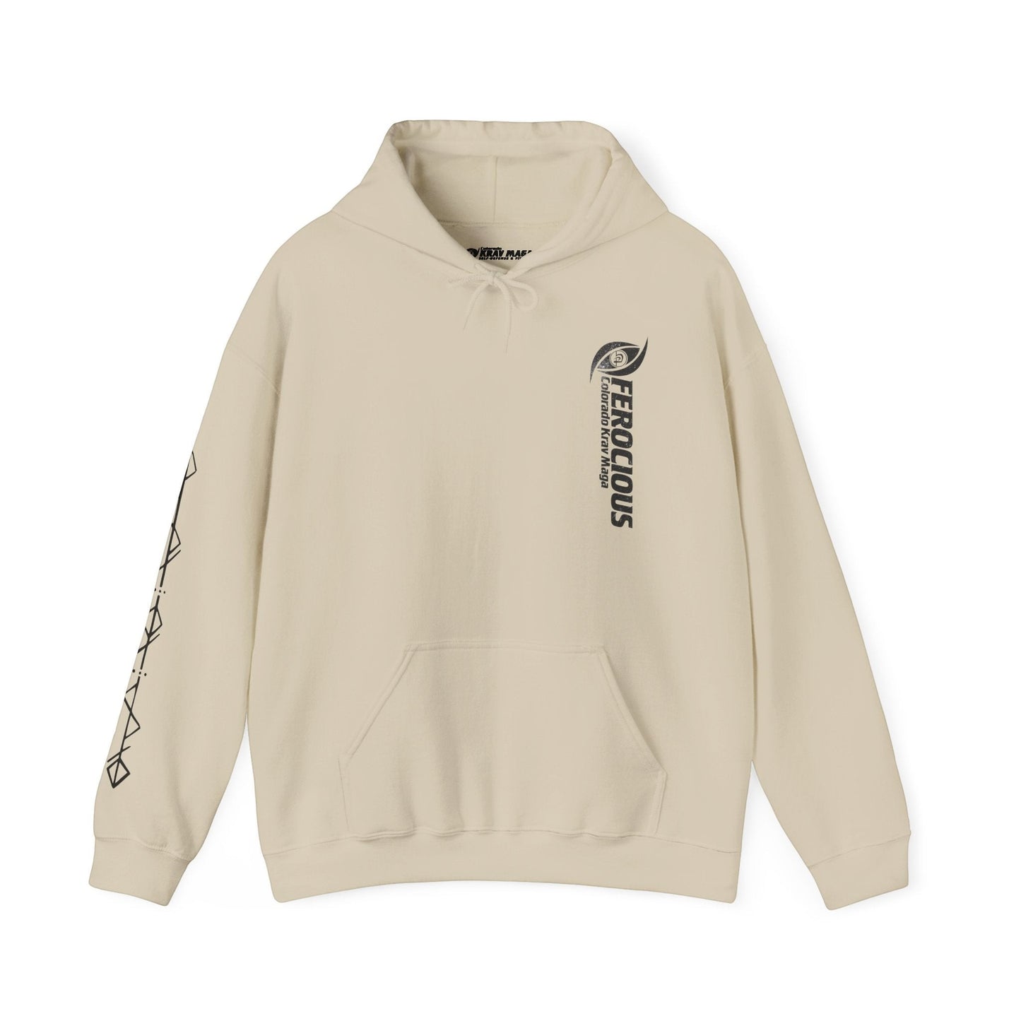Immortal Krav Maga beige 50/50 cotton-poly blend hoodie with "Ferocious" graphic and Norse-inspired sleeve design.