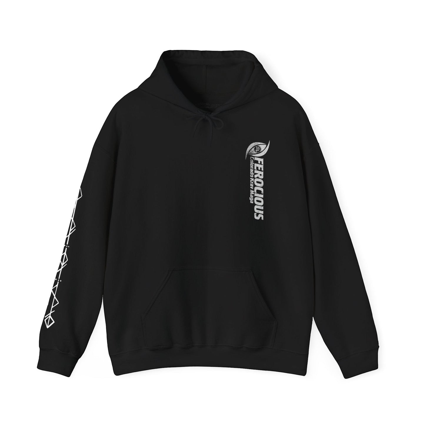 Immortal Krav Maga black 50/50 cotton-poly blend hoodie with "FEROCIOUS" graphic and geometric sleeve print.