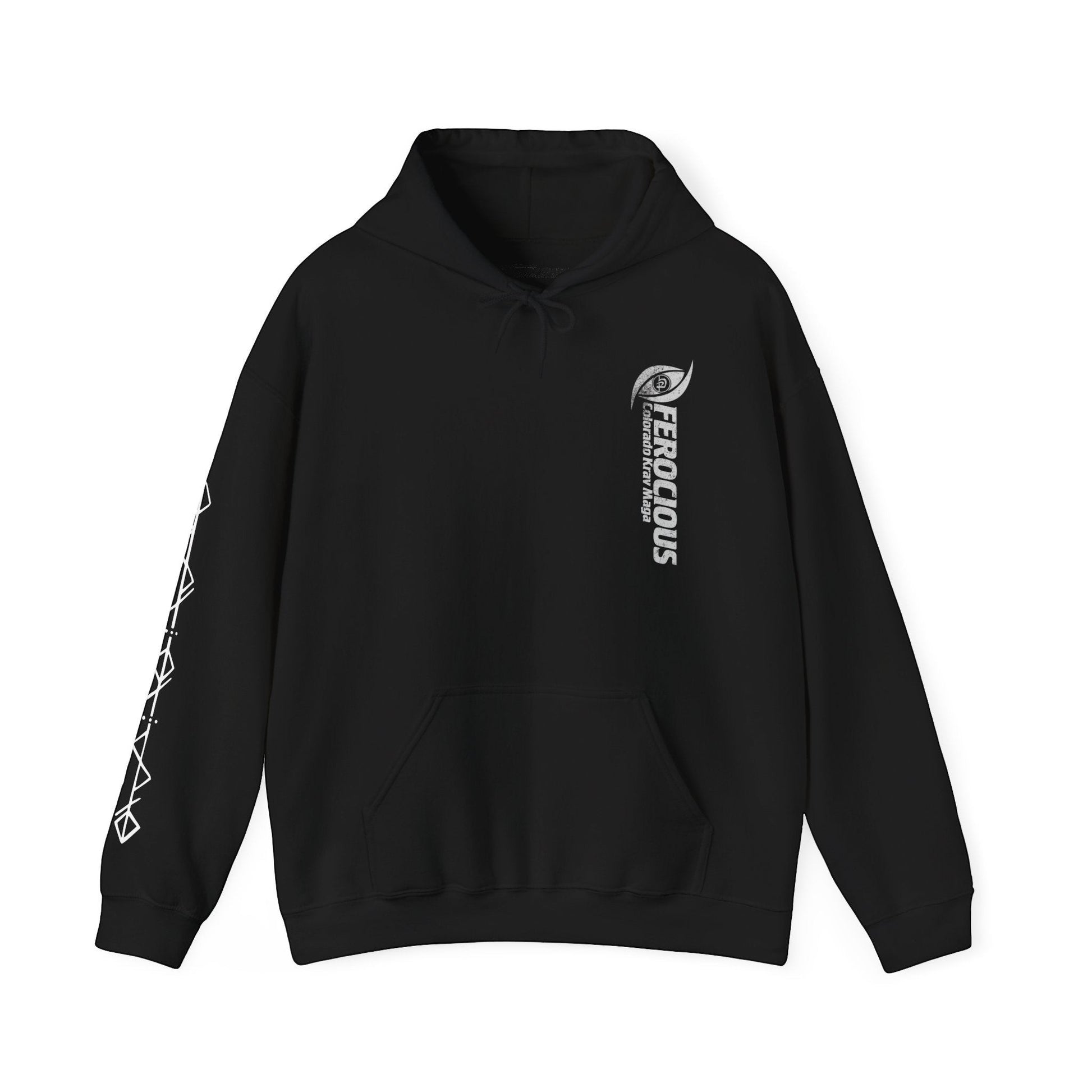 Immortal Krav Maga black 50/50 cotton-poly blend hoodie with "FEROCIOUS" graphic and geometric sleeve print.