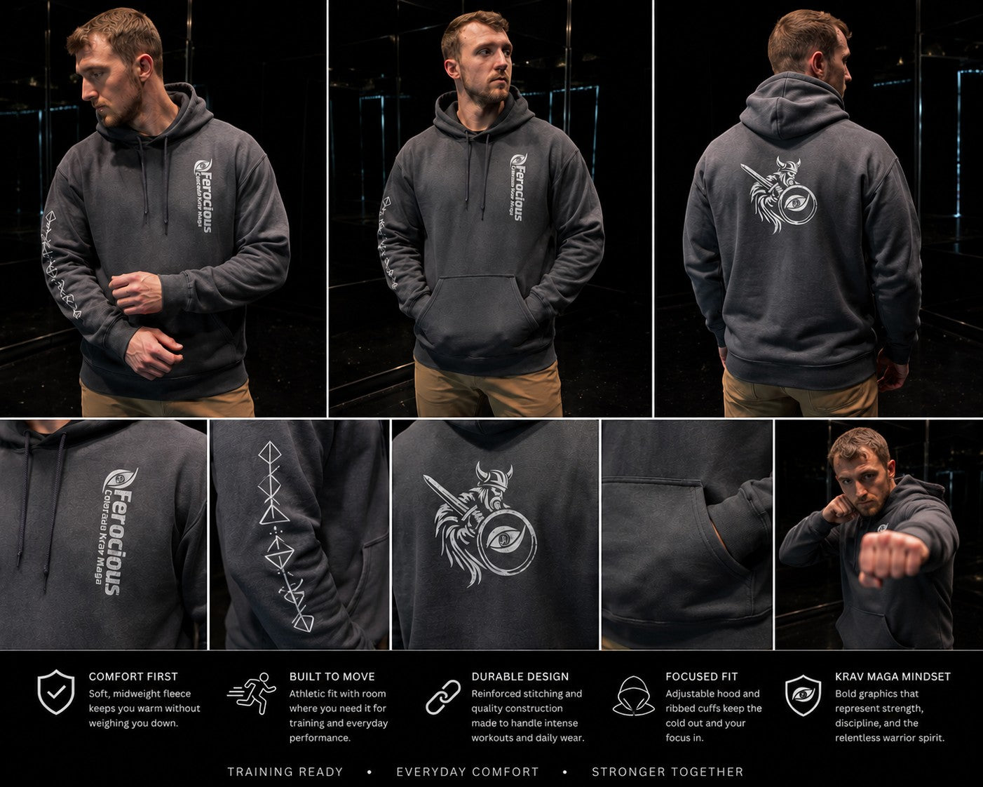 Immortal Krav Maga dark grey 50/50 cotton-poly blend hoodie with Norse warrior graphic on back and sleeve.