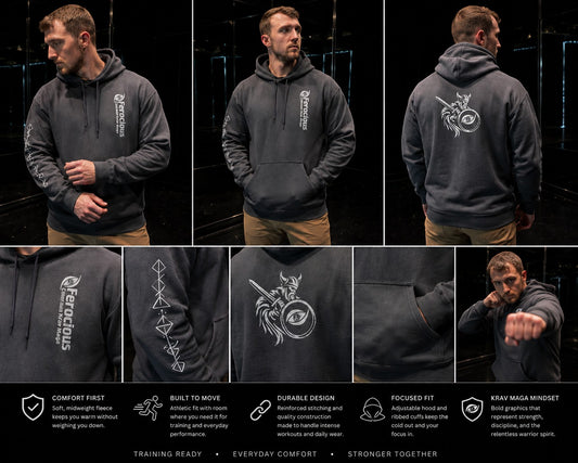 Immortal Krav Maga dark grey 50/50 cotton-poly blend hoodie with Norse warrior graphic on back and sleeve.