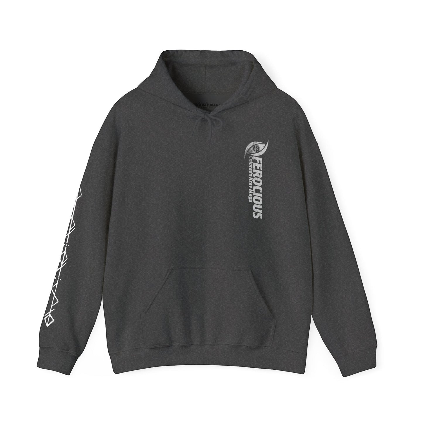 Immortal Krav Maga dark grey 50/50 cotton-poly blend hoodie with "FEROCIOUS" graphic and geometric sleeve detail.