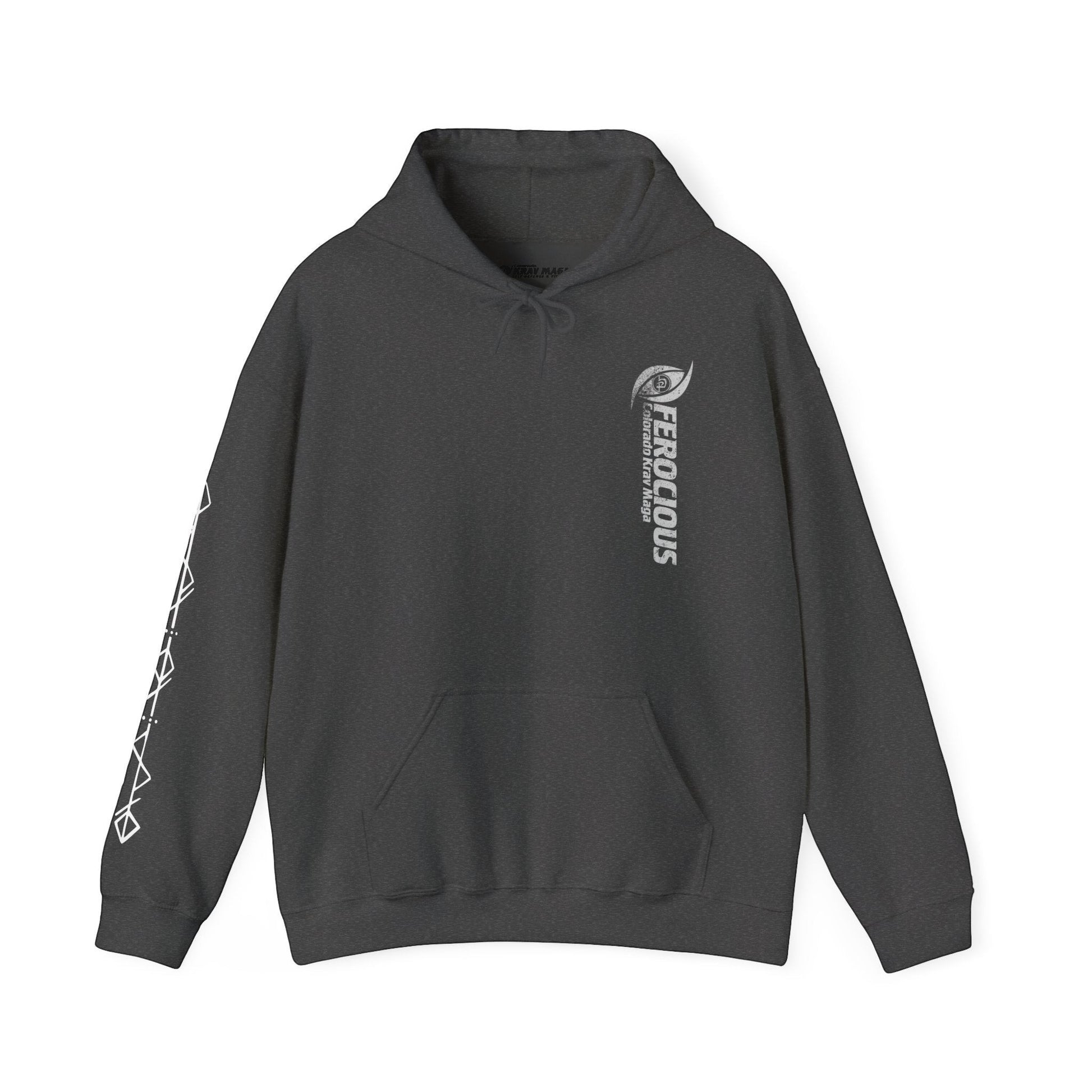 Immortal Krav Maga dark grey 50/50 cotton-poly blend hoodie with "FEROCIOUS" graphic and geometric sleeve detail.