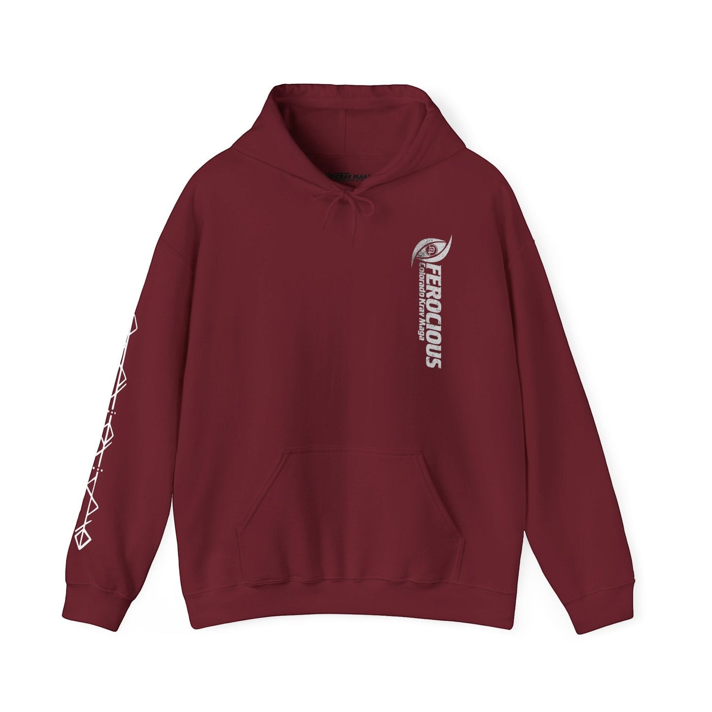 Immortal Krav Maga maroon 50/50 cotton-poly blend hoodie with "FEROCIOUS Colorado Krav Maga" graphic on the chest and geometric pattern on the sleeve.