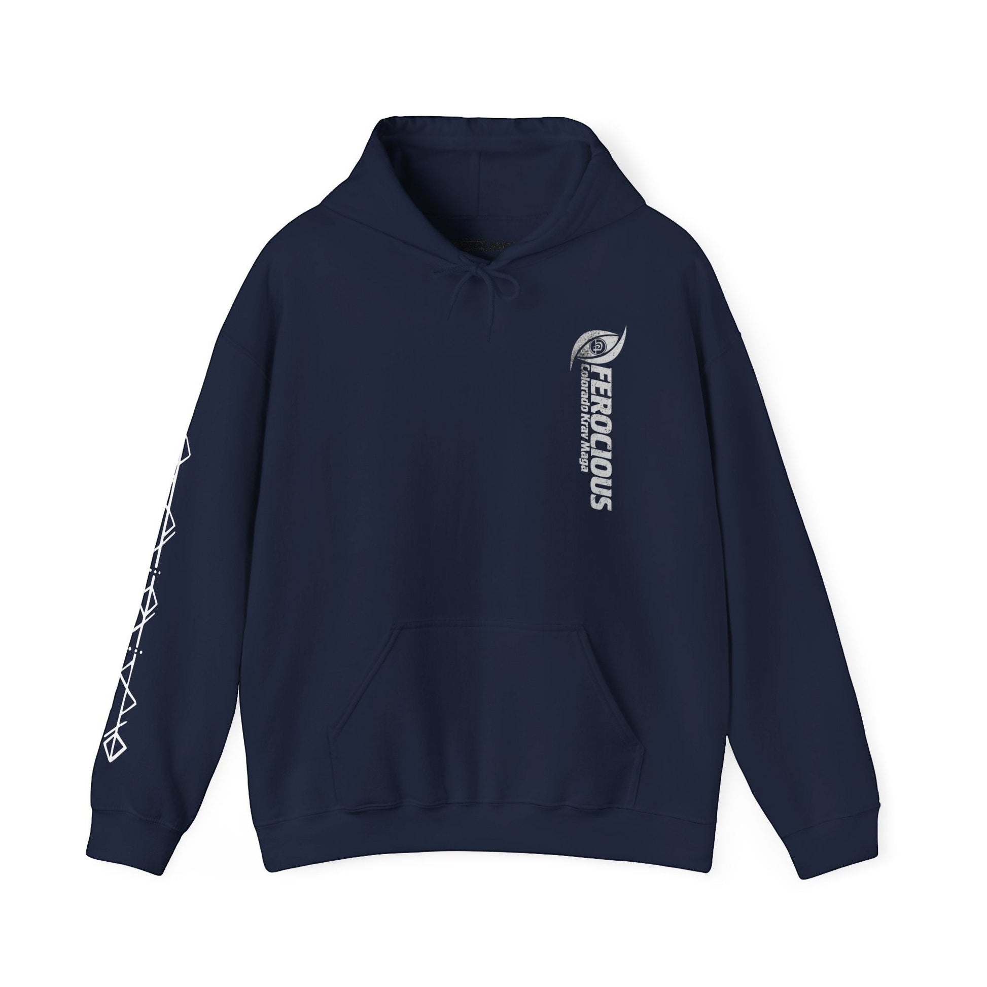 Immortal Krav Maga navy blue 50/50 cotton-poly blend hoodie with "FEROCIOUS" graphic on the chest and geometric pattern on the sleeve.