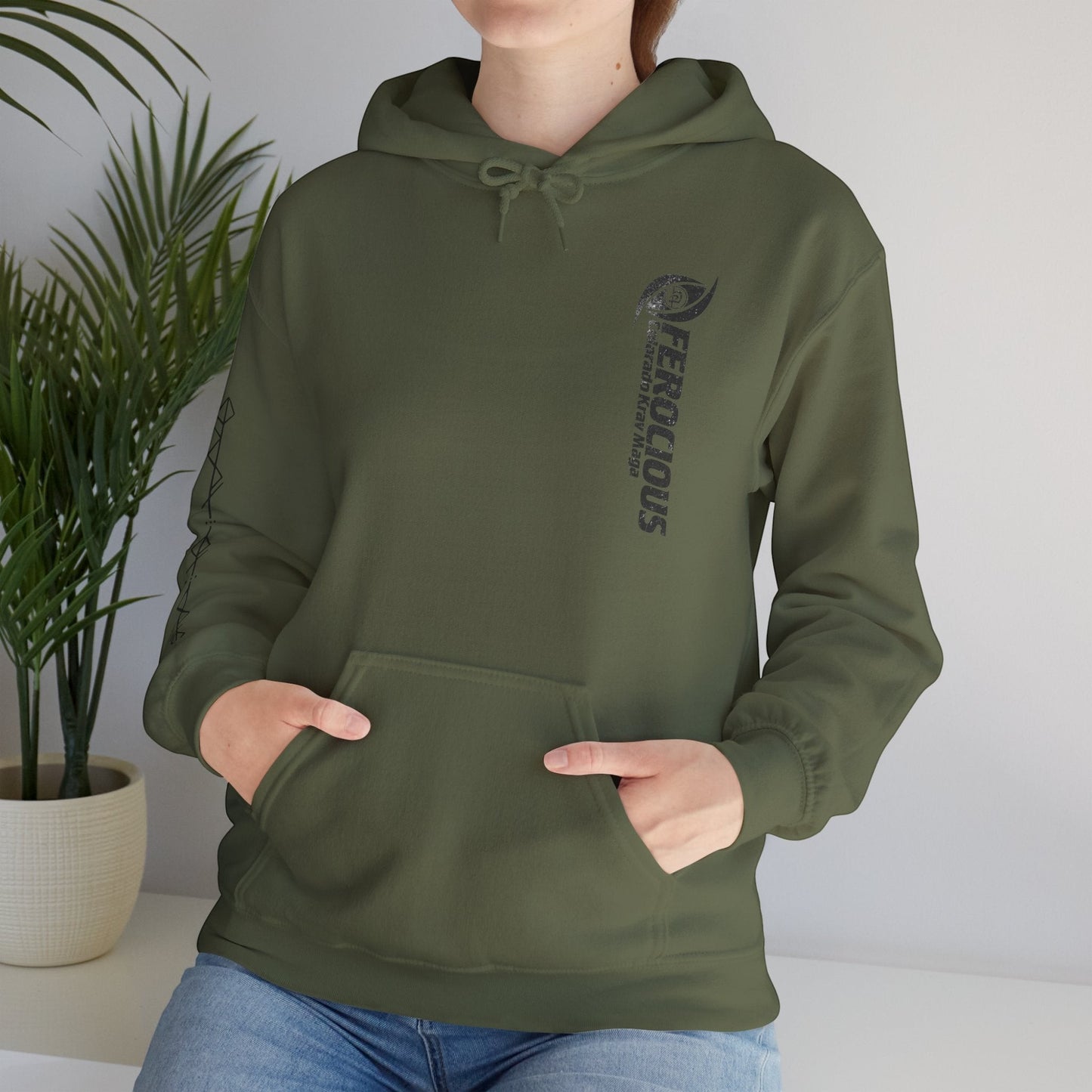 Immortal Krav Maga Ferocious Hoodie in olive green, featuring a kangaroo pocket and graphic print on the sleeve.