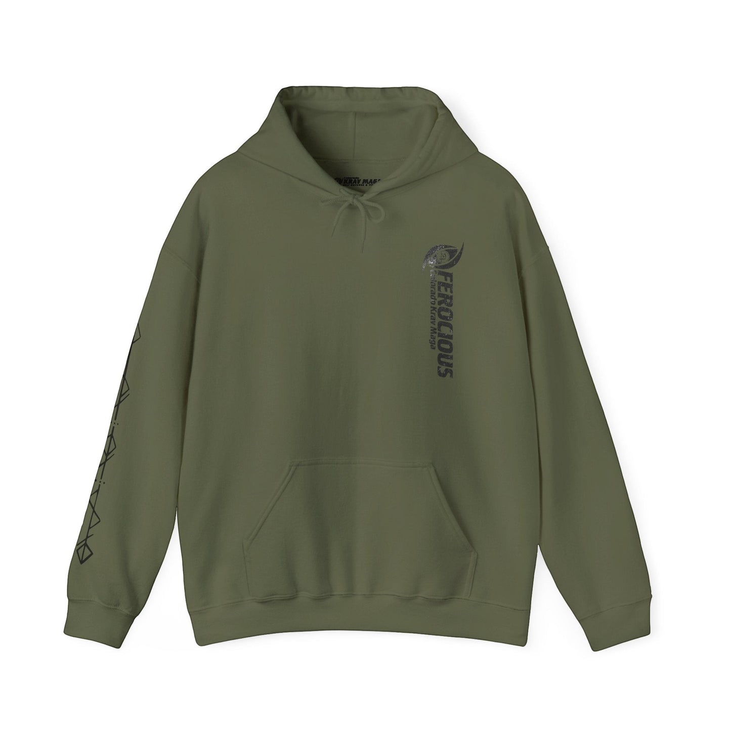 Immortal Krav Maga Ferocious olive green cotton-poly blend hoodie with graphic print on sleeve and chest.