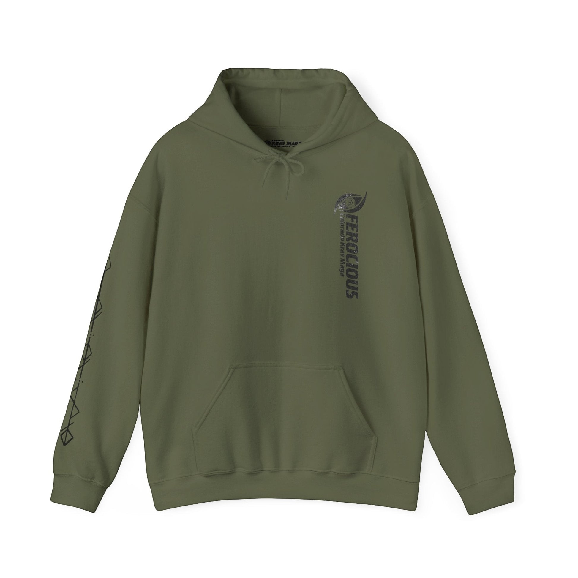 Immortal Krav Maga Ferocious olive green cotton-poly blend hoodie with graphic print on sleeve and chest.