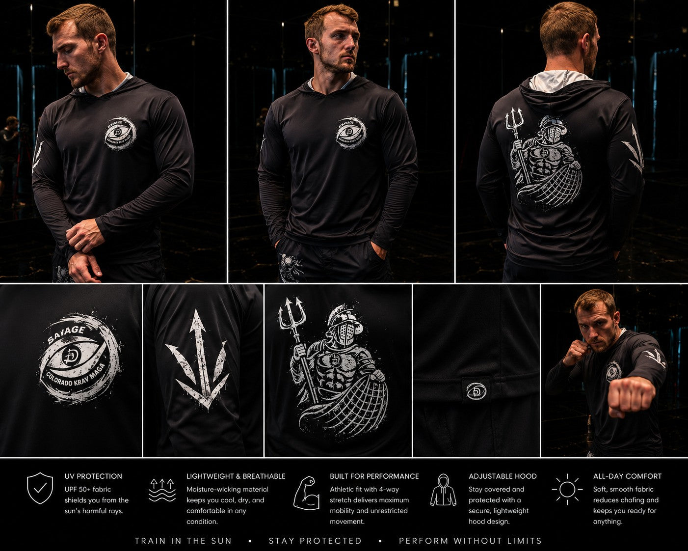 Immortal Krav Maga black long-sleeve hooded shirt with gladiator graphic on back. 100% polyester, UPF 50+.