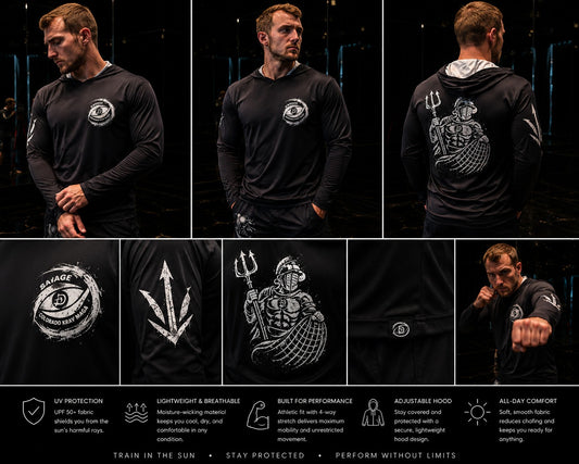 Immortal Krav Maga black long-sleeve hooded shirt with gladiator graphic on back. 100% polyester, UPF 50+.