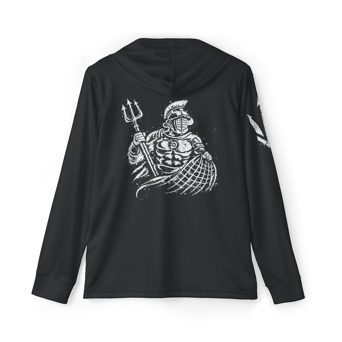 Immortal Krav Maga black polyester hooded shirt with gladiator graphic and UPF 50 protection.