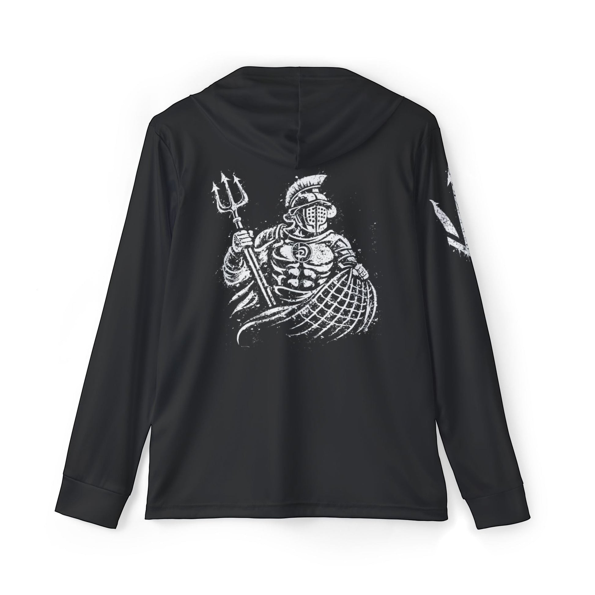 Immortal Krav Maga black polyester hooded shirt with gladiator graphic and UPF 50 protection.