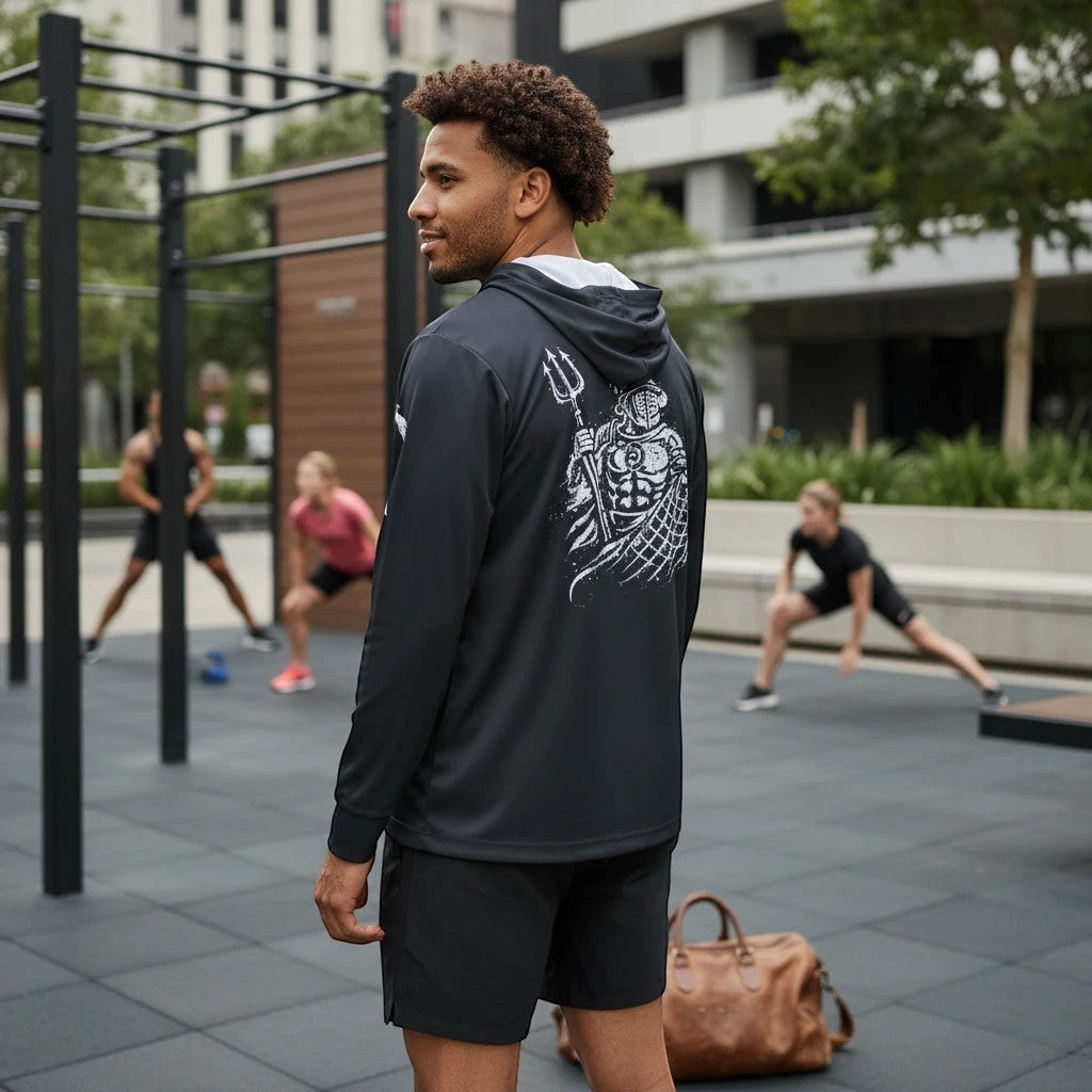 Immortal Krav Maga black polyester hooded shirt with gladiator graphic and UPF 50 sun protection.