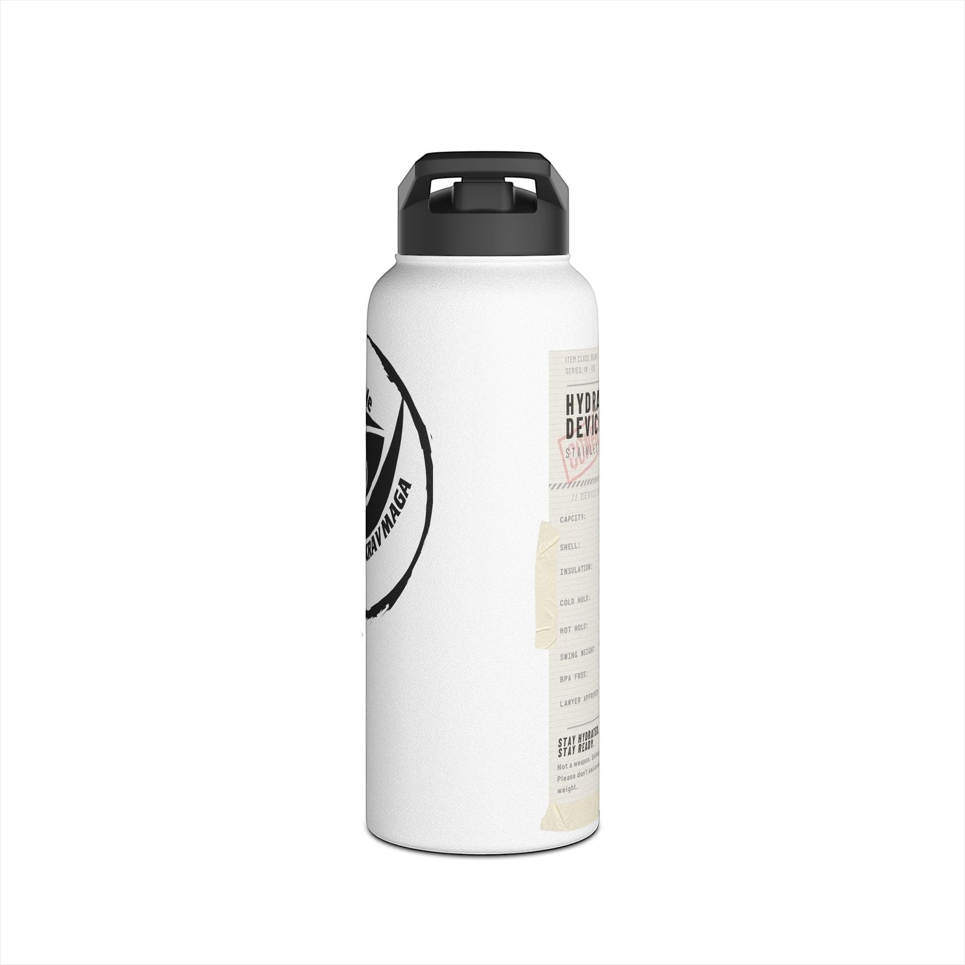 Immortal Krav Maga HYDRATION DEVICE MK-1 32oz stainless steel water bottle with matte finish and black lid.
