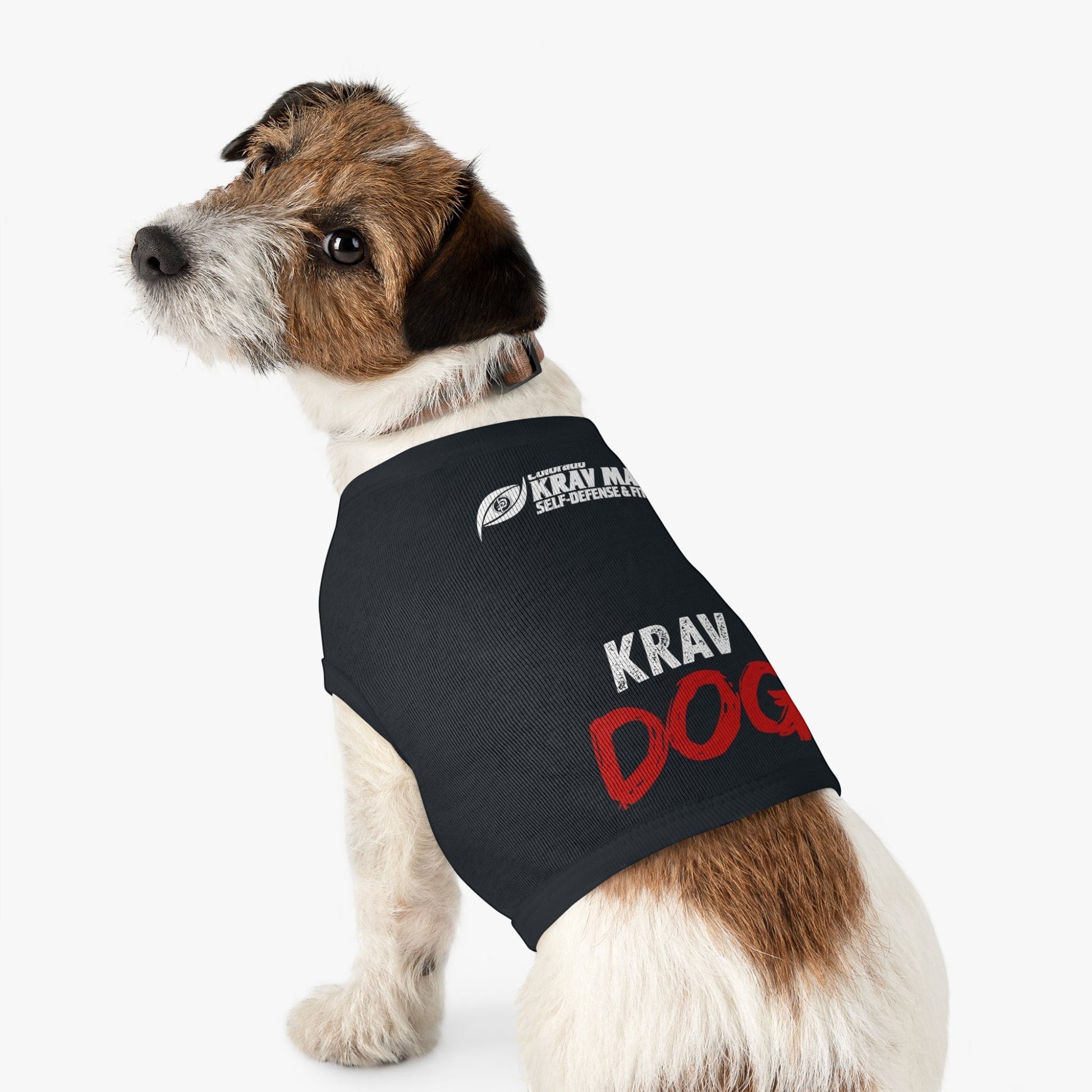 Immortal Krav Maga black cotton dog shirt with "KRAV DOG" graphic. Features a graphic with "KRAV MAGA SELF-DEFENSE & FIT" text.
