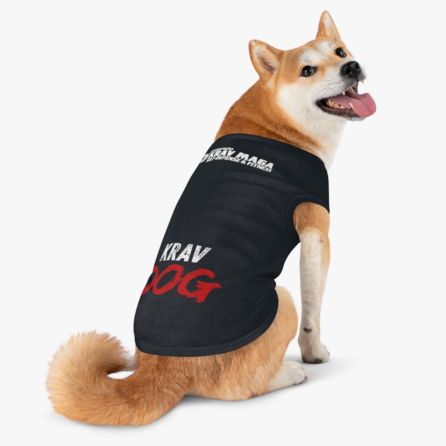 Immortal Krav Maga black cotton dog t-shirt with "KRAV DOG" graphic and raccoon design.