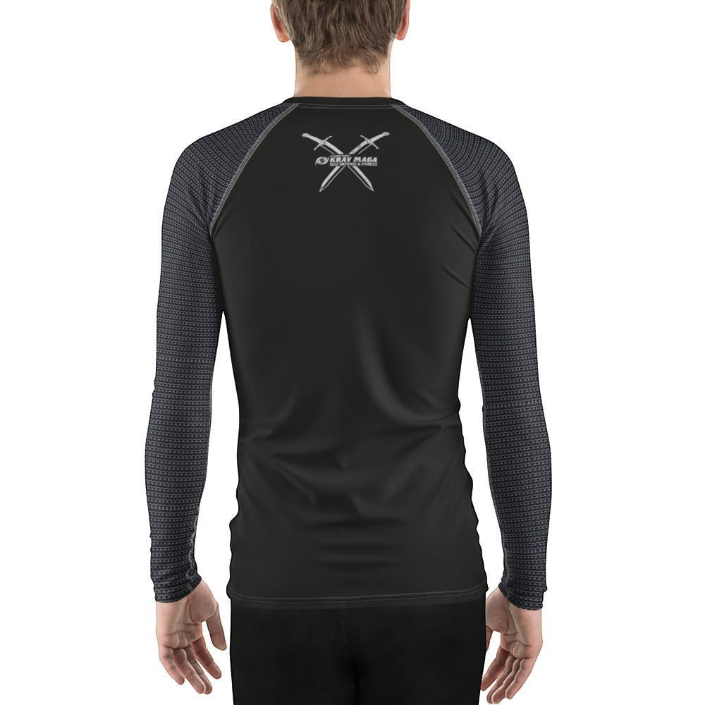 Immortal Krav Maga black long sleeve rash guard with grey patterned sleeves and crossed swords graphic on back.
