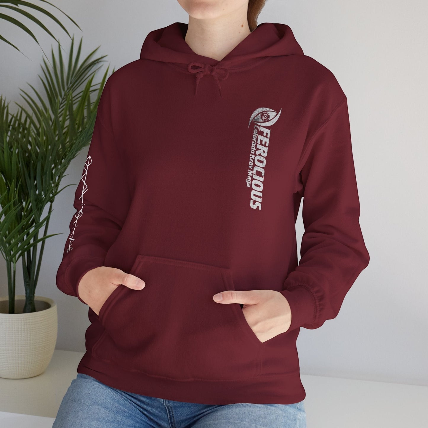 Immortal Krav Maga maroon 50/50 cotton-poly blend hoodie with "FEROCIOUS Colorado Krav Maga" graphic on chest.