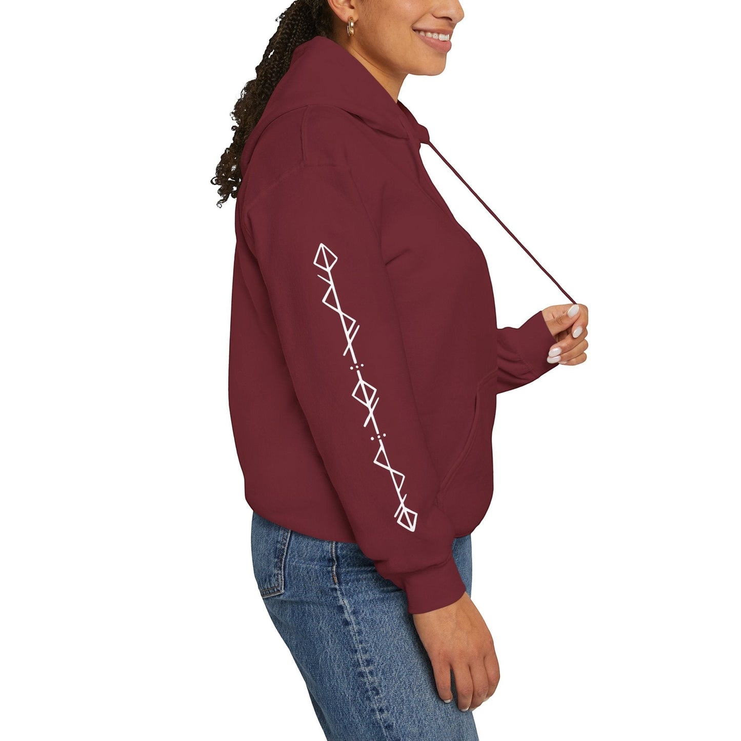 Immortal Krav Maga maroon 50/50 cotton-poly blend hoodie with white geometric rune design on sleeve.