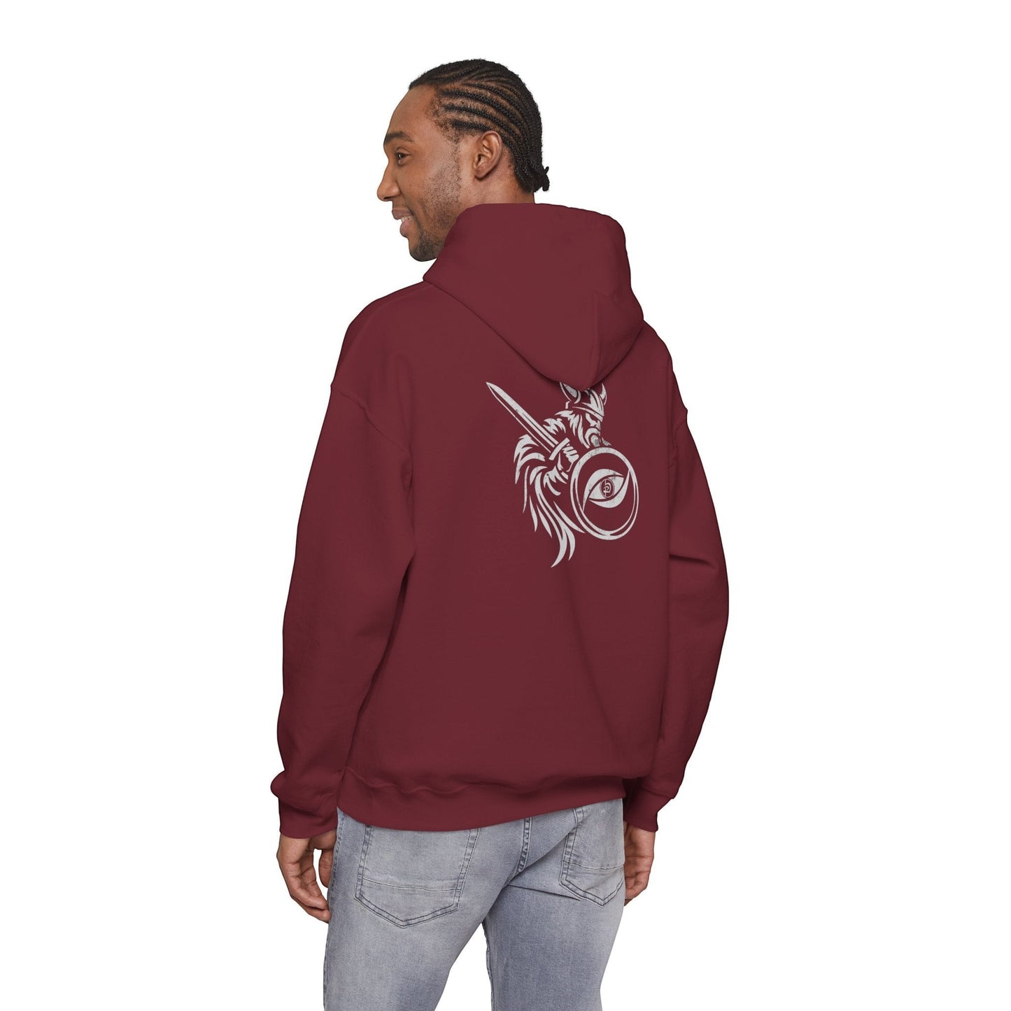 Immortal Krav Maga maroon 50/50 cotton-poly blend hoodie with a white Norse warrior graphic on the back.